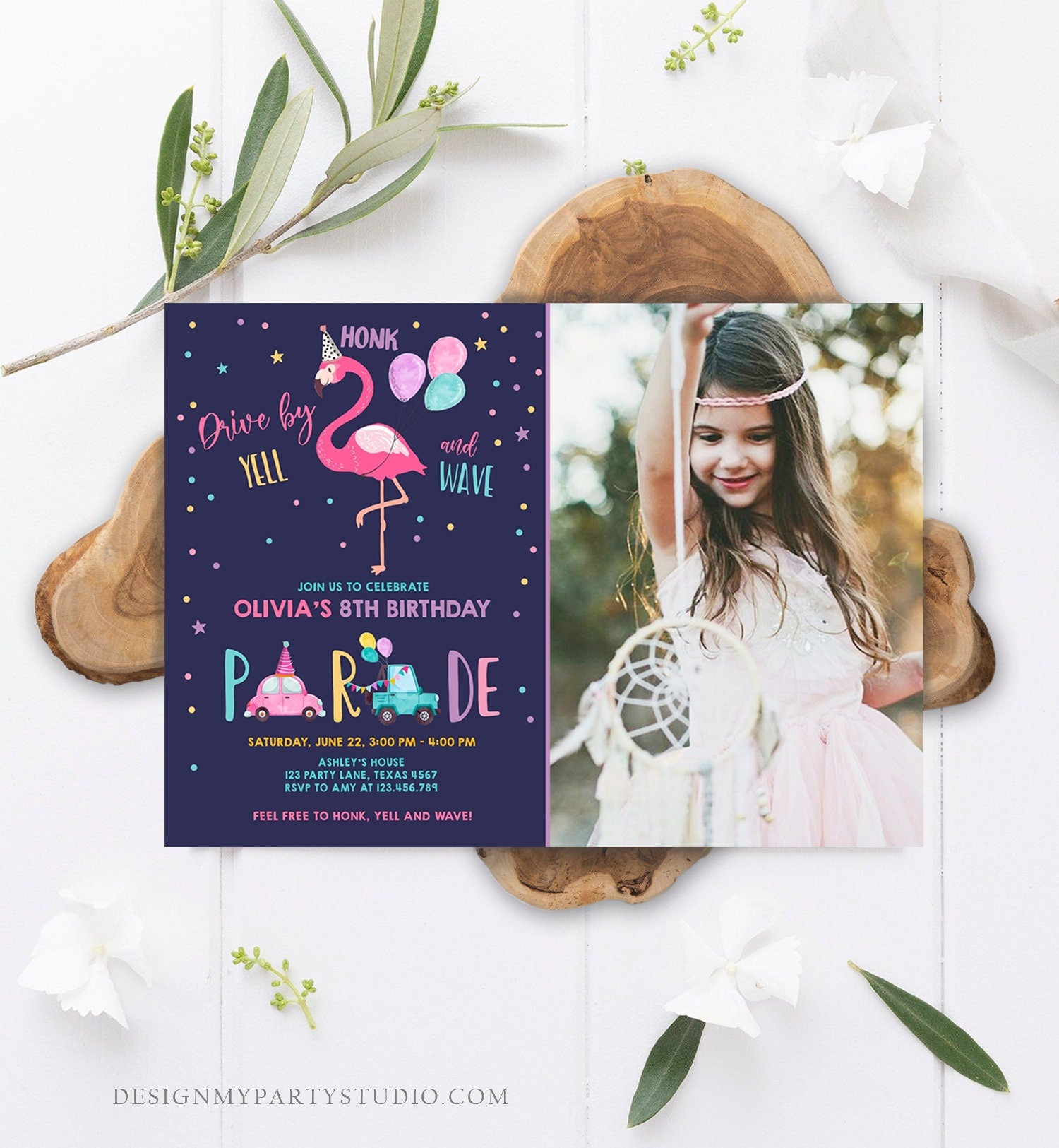 Editable Flamingo Drive By Birthday Parade Invitation Virtual Party Invite Honk Wave Car Girl Pink Quarantine Download Digital Corjl 0200