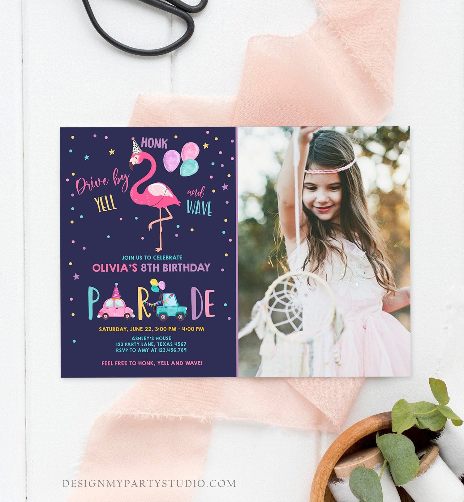 Editable Flamingo Drive By Birthday Parade Invitation Virtual Party Invite Honk Wave Car Girl Pink Quarantine Download Digital Corjl 0200