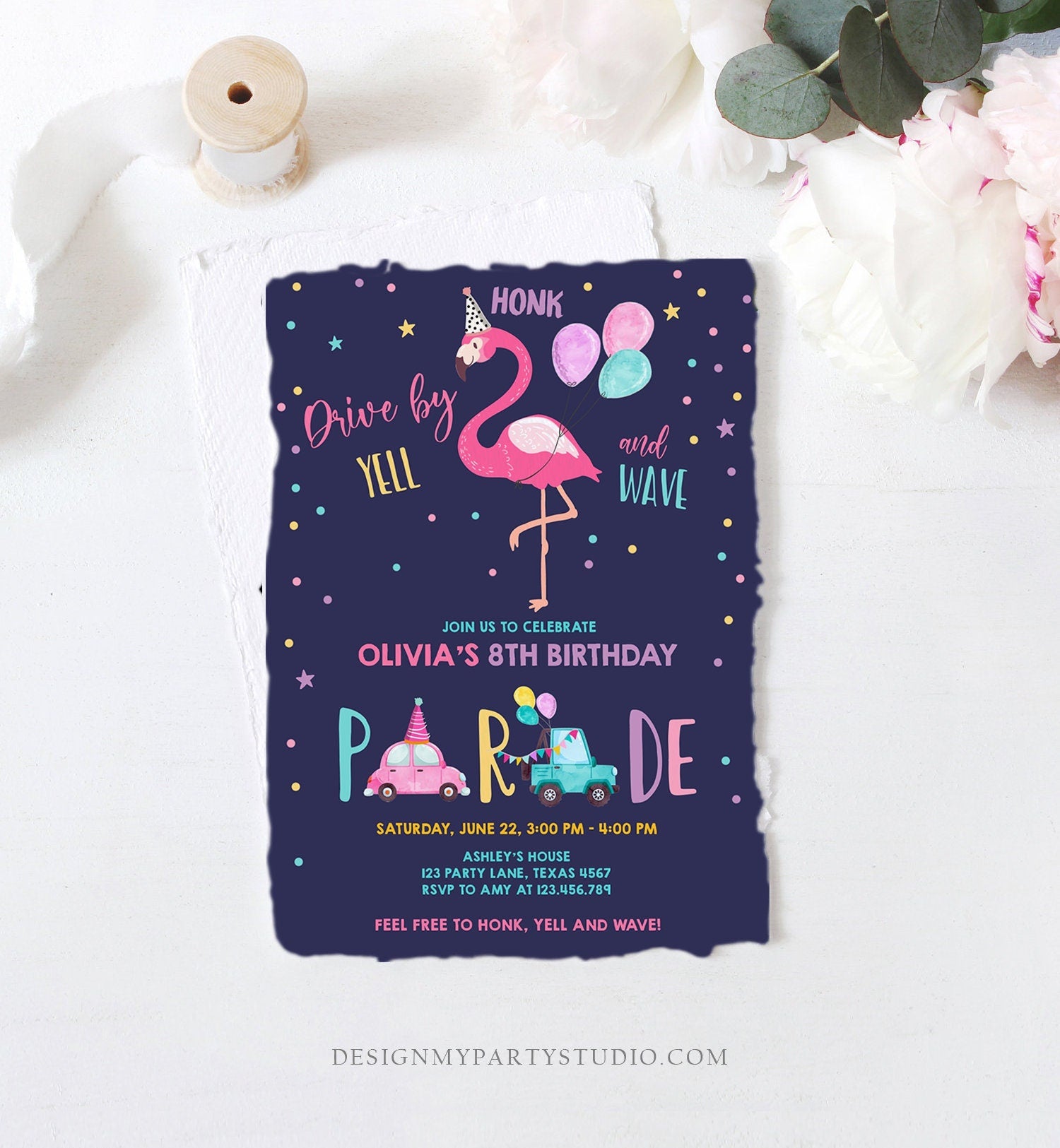 Editable Flamingo Drive By Birthday Parade Invitation Virtual Party Invite Honk Wave Car Girl Pink Quarantine Download Digital Corjl 0200