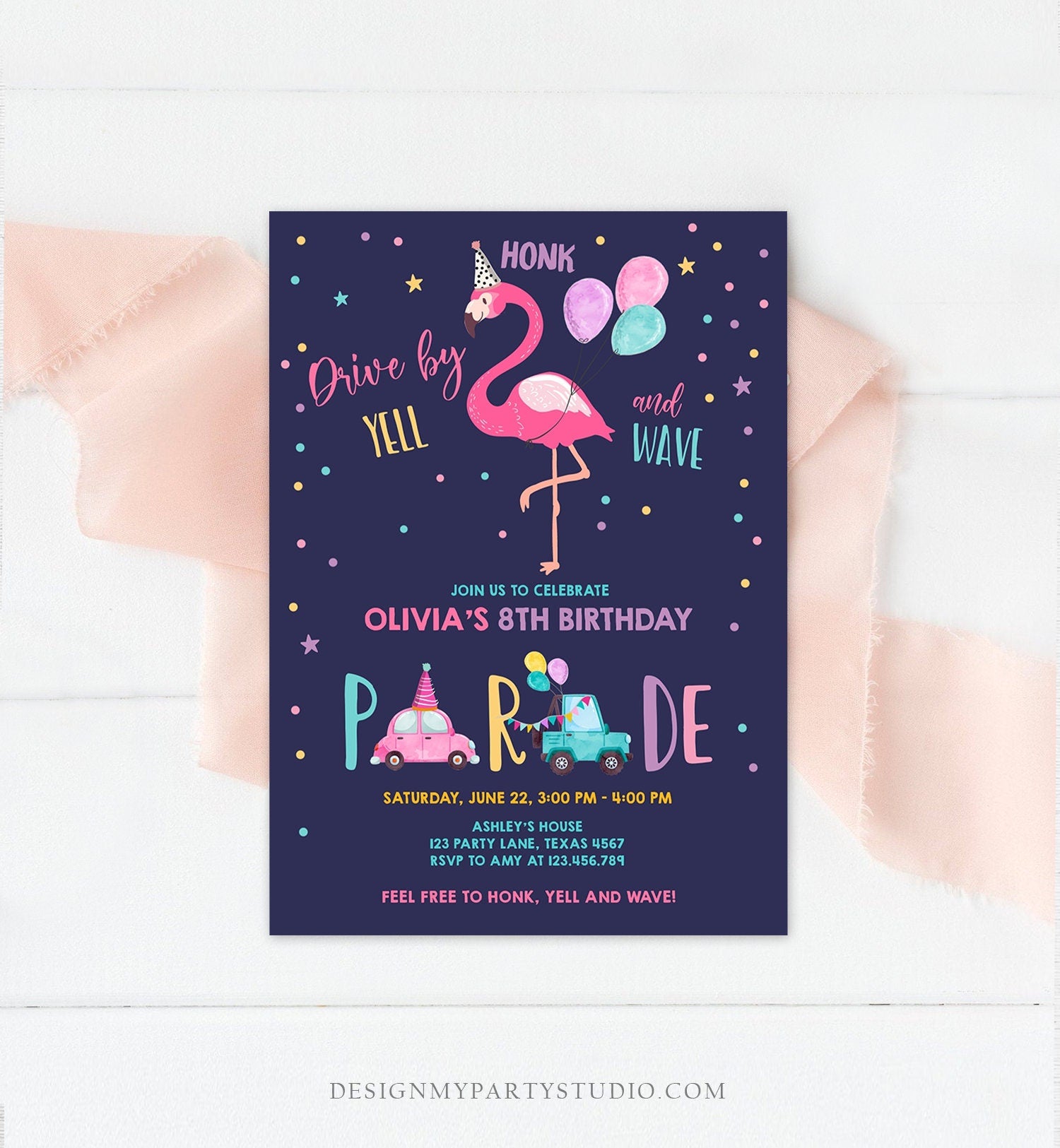 Editable Flamingo Drive By Birthday Parade Invitation Virtual Party Invite Honk Wave Car Girl Pink Quarantine Download Digital Corjl 0200