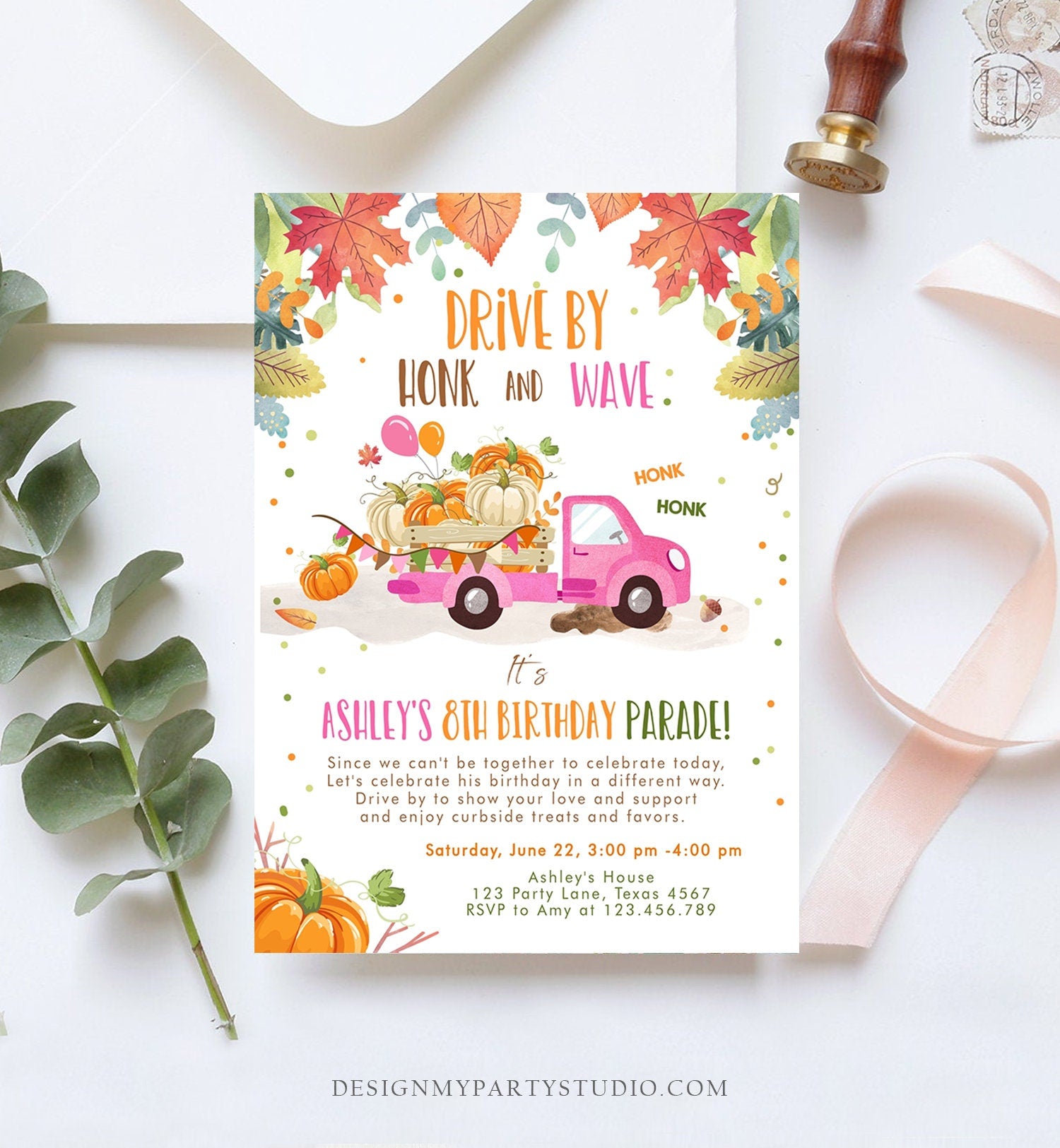 Editable Pumpkin Truck Drive By Birthday Parade Invitation Virtual Party Invite Honk Car Quarantine Fall Instant Download Digital Corjl 0153
