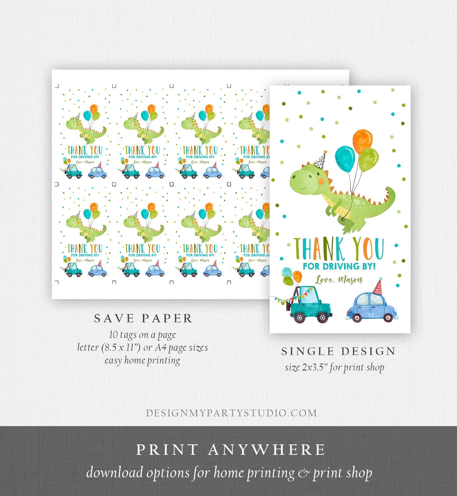 Editable Dinosaur Favor Tag Drive By Birthday Favors Party Parade Dino Boy Car Thank You Gift Tags T-Rex Corjl Template Printable 0340