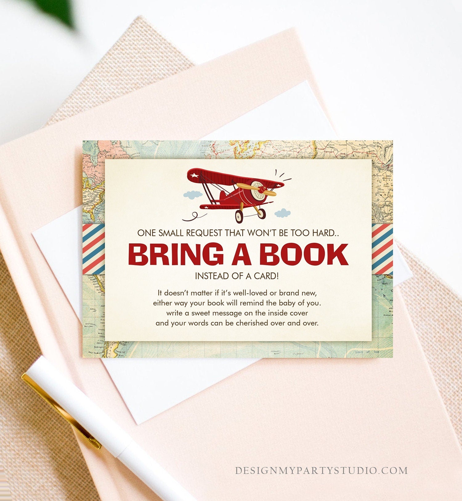 Editable Airplane Bring a Book Card Baby Shower Sprinkle Book Insert Books for Baby Book Request Vintage Red Plane Corjl Template 0011