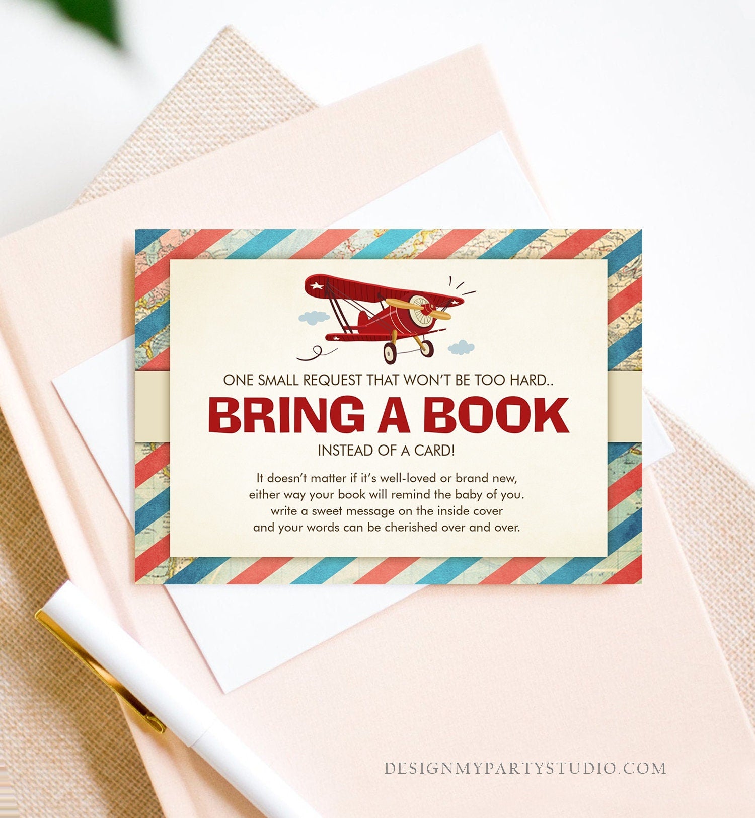 Editable Airplane Bring a Book Card Baby Shower Sprinkle Book Insert Books for Baby Book Request Vintage Red Plane Corjl Template 0011