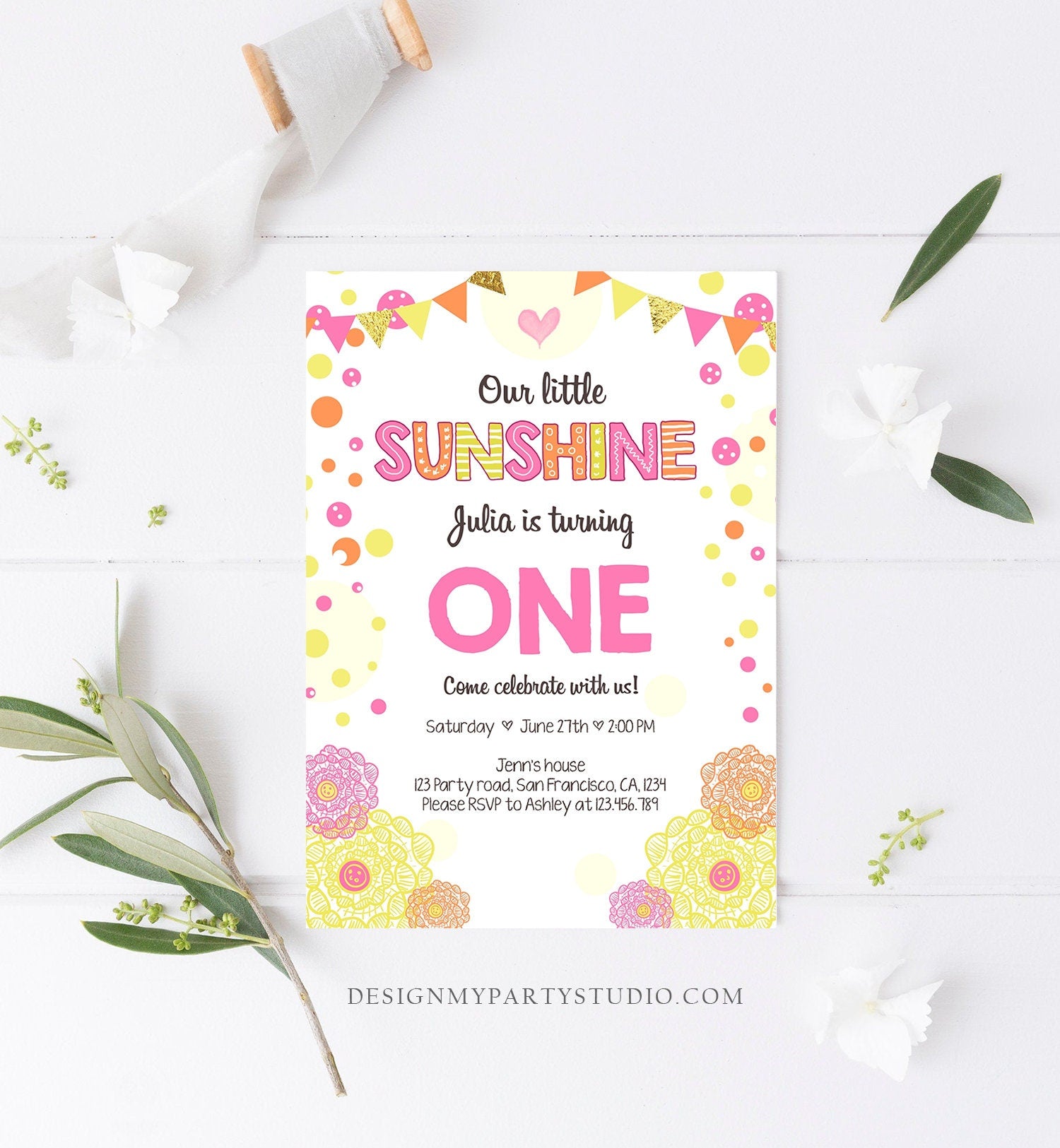 Editable Our Little Sunshine Birthday Invitation You Are My Sunshine First Birthday 1st Party Yellow Pink Girl Download Corjl Template 0239