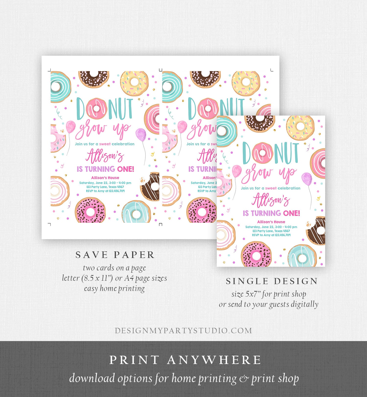 Editable Donut Grow Up Birthday Invitation First Birthday Party 1st Pink Gold Girl Doughnut Sweet One Download Corjl Template Printable 0343