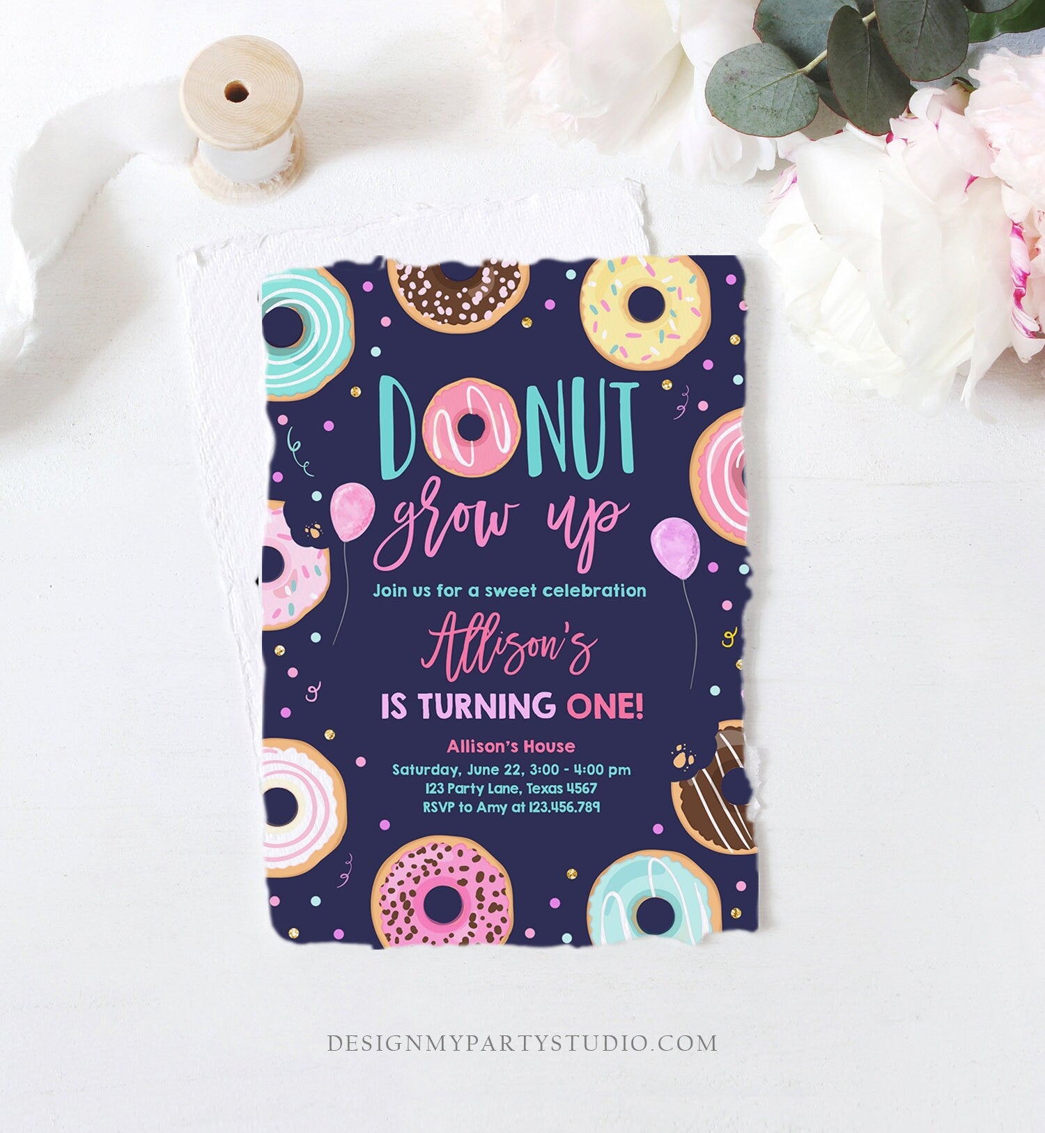 Editable Donut Grow Up Birthday Invitation First Birthday Party 1st Pink Gold Girl Doughnut Sweet One Download Corjl Template Printable 0343