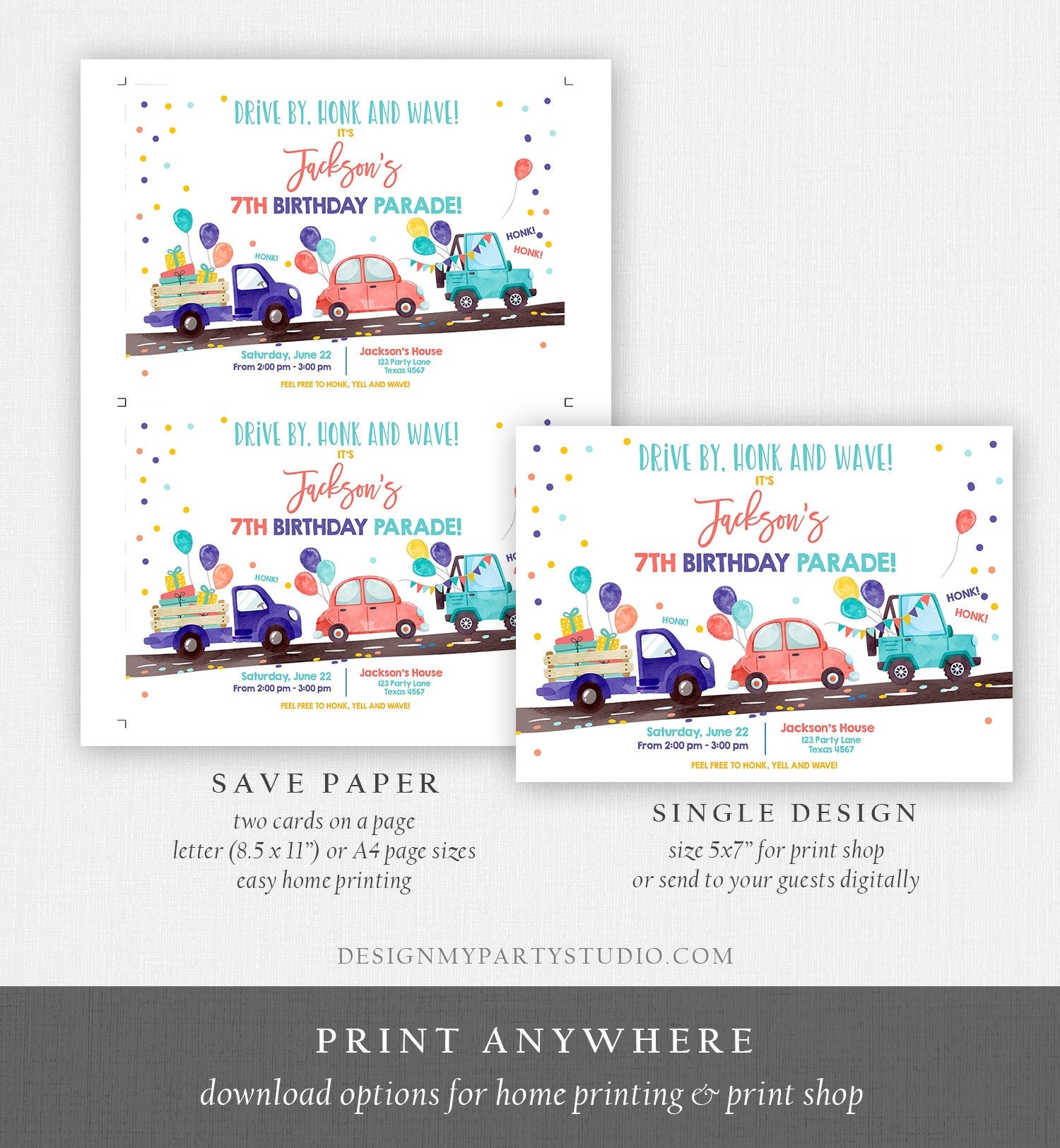 Editable Drive By Birthday Parade Invitation Virtual Party Invite Honk Wave Car Boy Neutral Girl Coed Twin Download Digital Corjl 0333