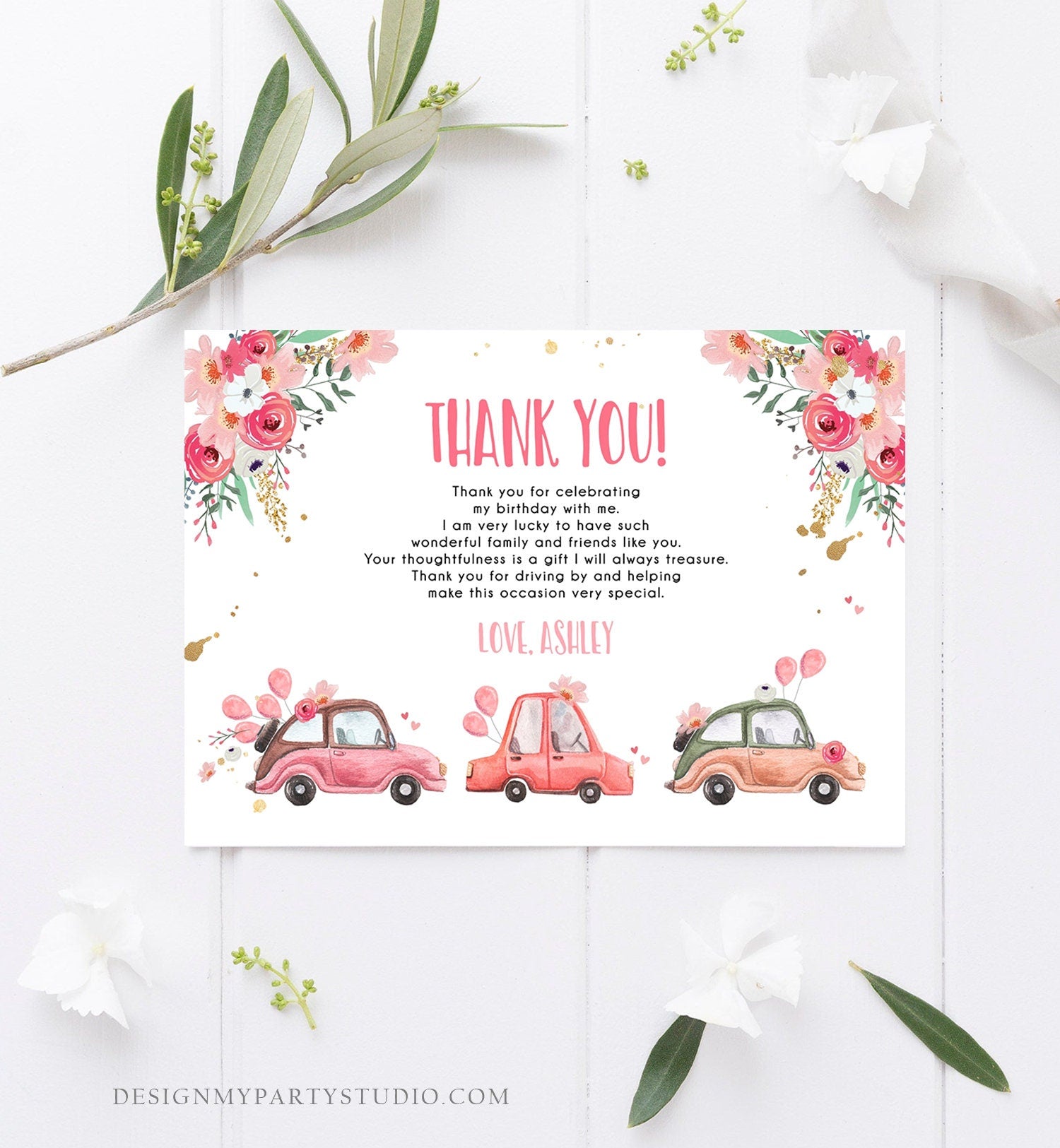 Editable Drive By Birthday Parade Thank You Card Virtual Party Tropical Woman Car Girl Pink Quarantine Instant Download Digital Corjl 0335