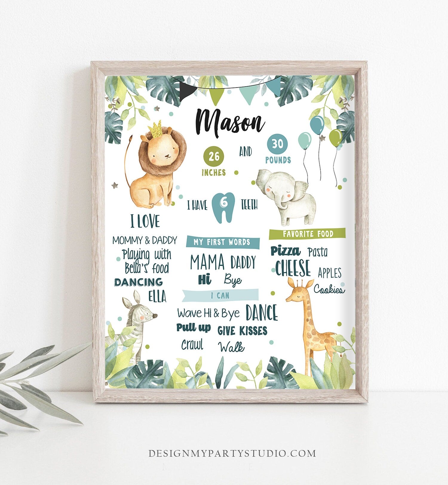 Editable Safari Animals Birthday Milestones Sign Green and Gold Boy Birthday Zoo Jungle 1st Birthday Download Template Printable Corjl 0163