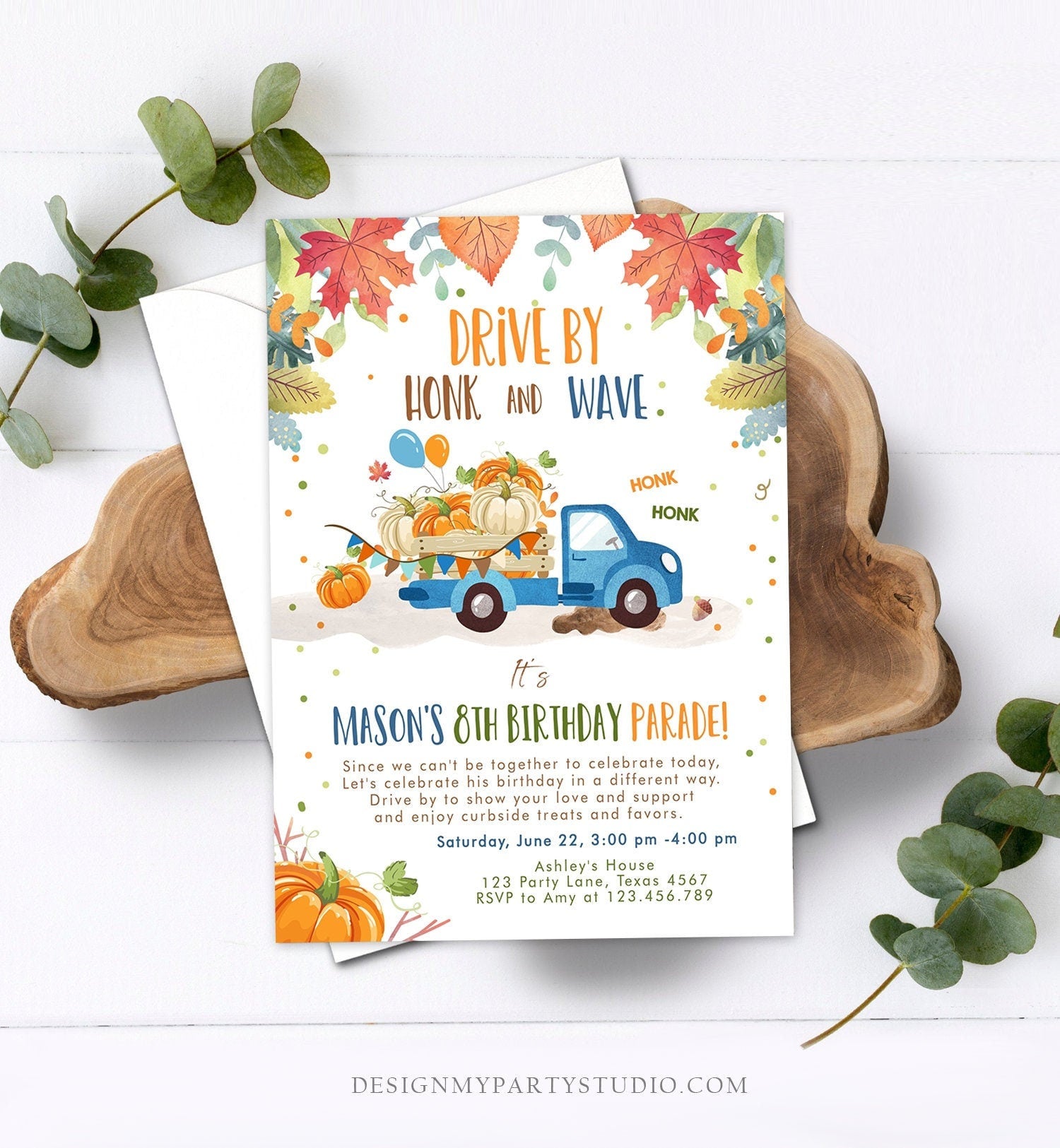 Editable Pumpkin Truck Drive By Birthday Parade Invitation Virtual Party Invite Honk Car Quarantine Fall Instant Download Digital Corjl 0153