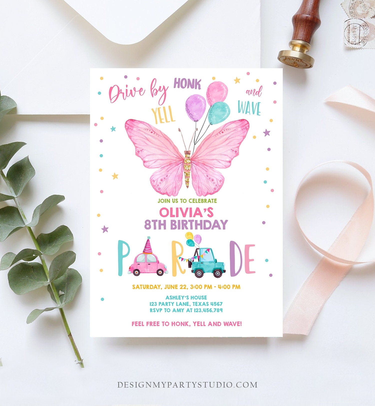 Editable Butterfly Drive By Birthday Parade Invitation Virtual Party Invite Honk Wave Car Girl Pink Quarantine Download Digital Corjl 0162
