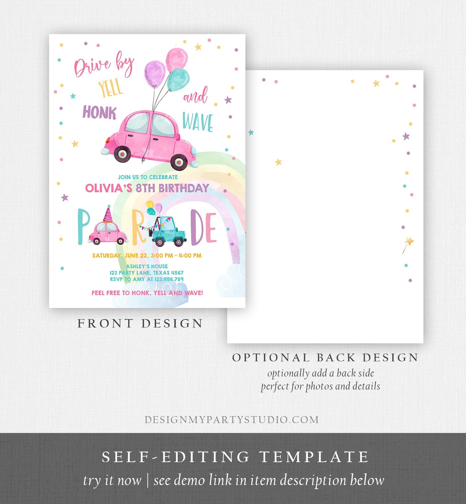 Editable Drive By Birthday Parade Invitation Balloons Rainbow Party Honk Wave Car Girl Pink Drive Through Download Corjl Template 0333