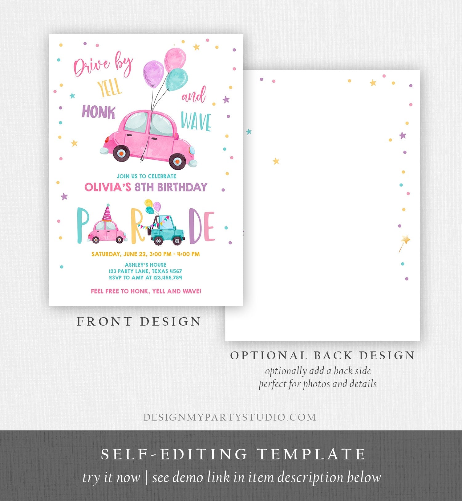 Editable Drive By Birthday Parade Invitation Balloons Rainbow Party Honk Wave Car Girl Pink Drive Through Download Corjl Template 0333