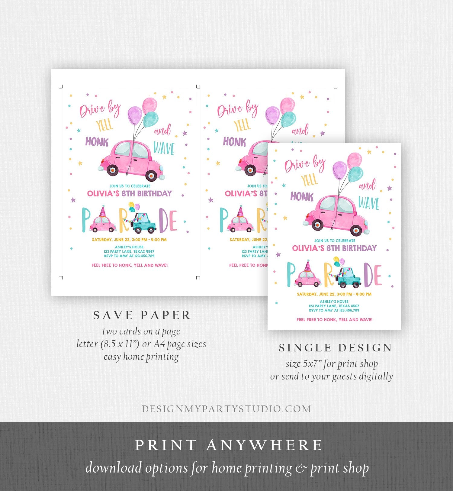 Editable Drive By Birthday Parade Invitation Balloons Rainbow Party Honk Wave Car Girl Pink Drive Through Download Corjl Template 0333