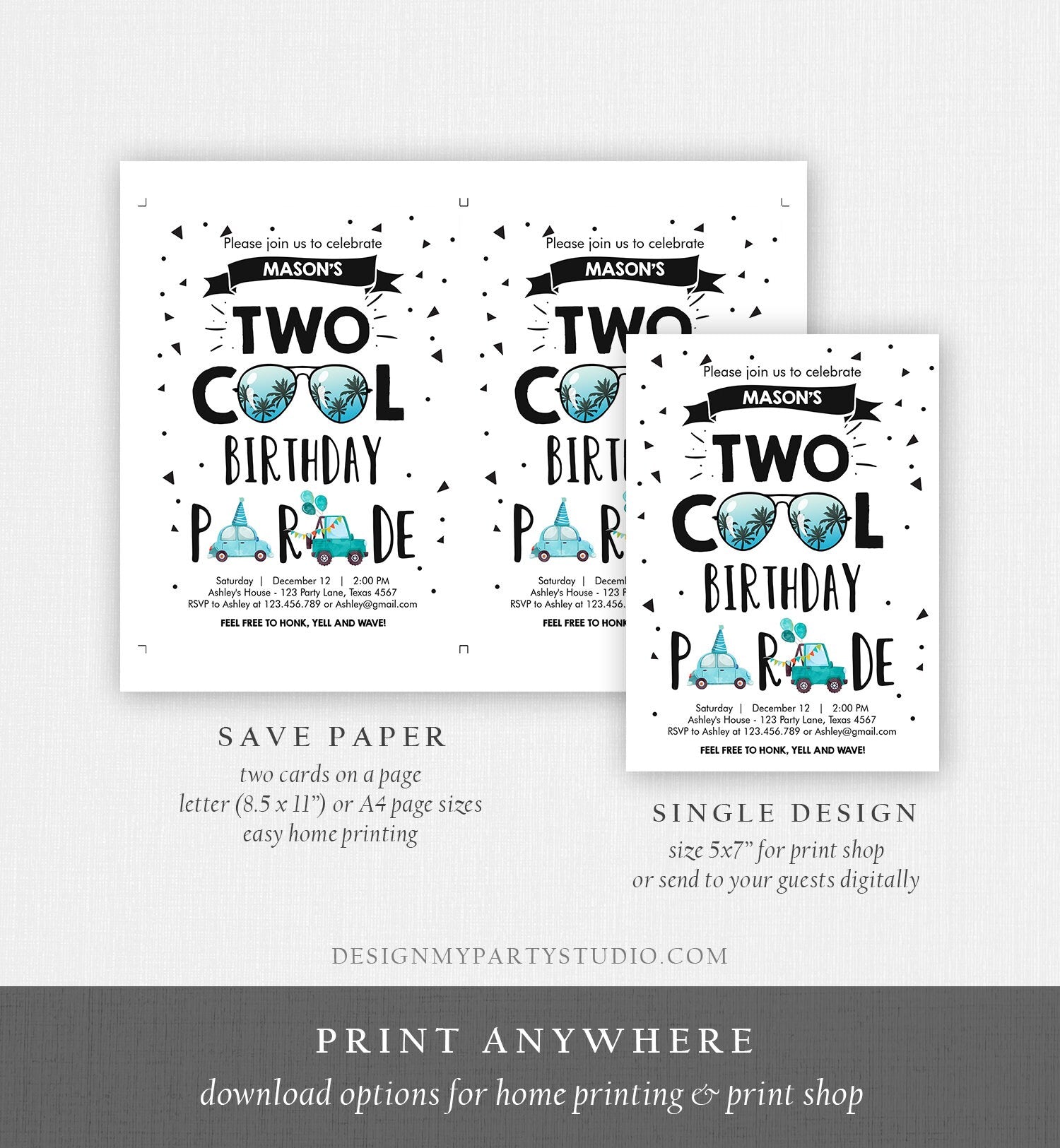 Editable Drive By Birthday Parade Invitation 2nd Birthday Two Cool Invite Honk Wave Car Boy Blue Second Instant Download Digital Corjl 0136