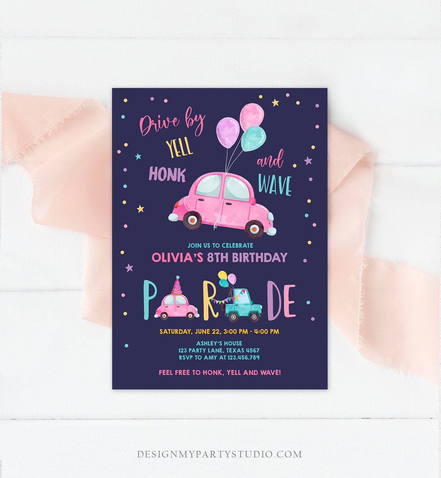 Editable Drive By Birthday Parade Invitation Balloons Rainbow Party Honk Wave Car Girl Pink Drive Through Download Corjl Template 0333