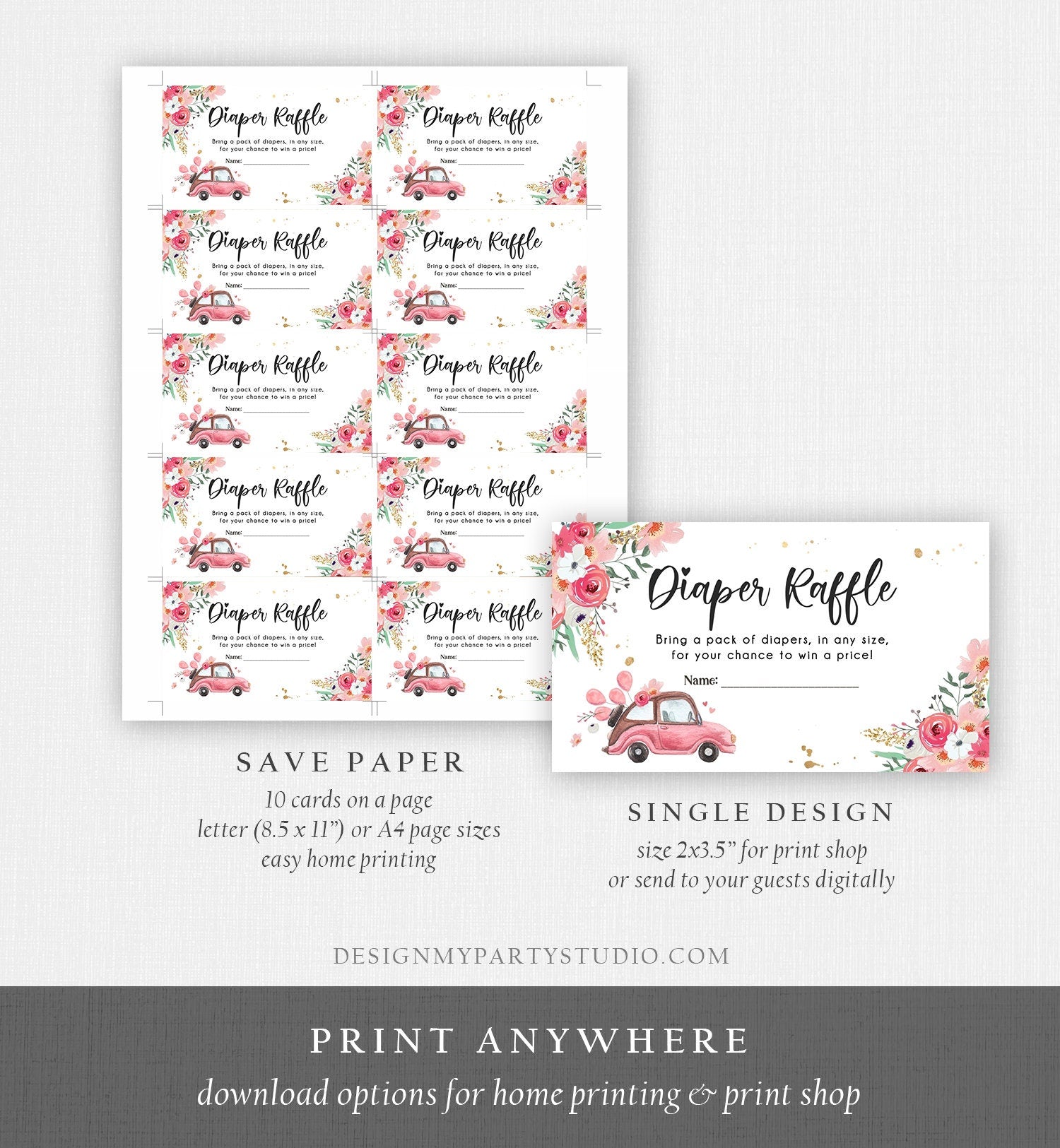 Editable Drive By Diaper Raffle Ticket Baby Shower Pink Floral Girl Drive Through Diaper Game Book Insert Ticket Digital Corjl Template 0335