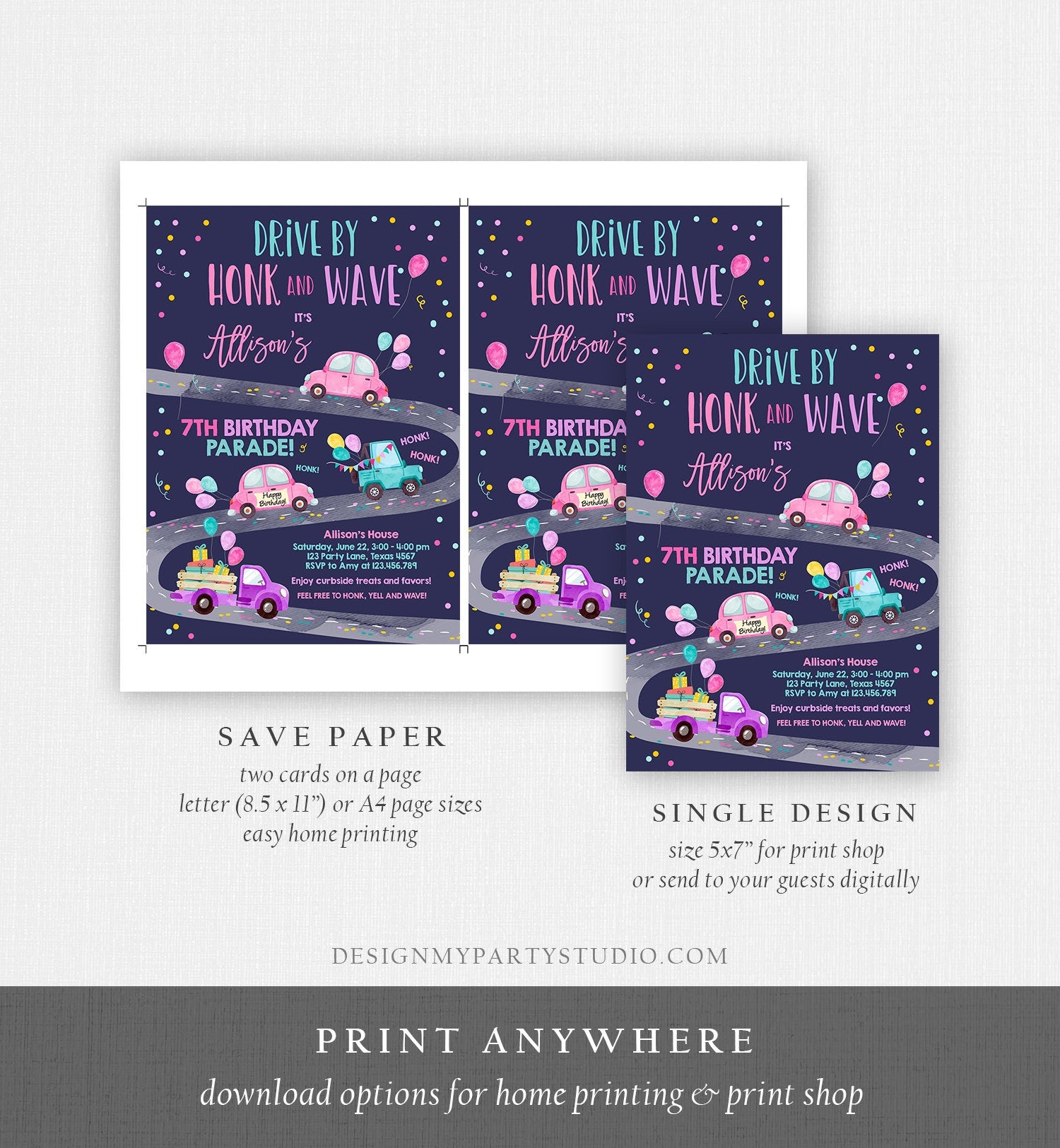Editable Drive By Birthday Parade Invitation Virtual Party Invite Honk Wave Car Girl Pink Quarantine Instant Download Digital Corjl 0333