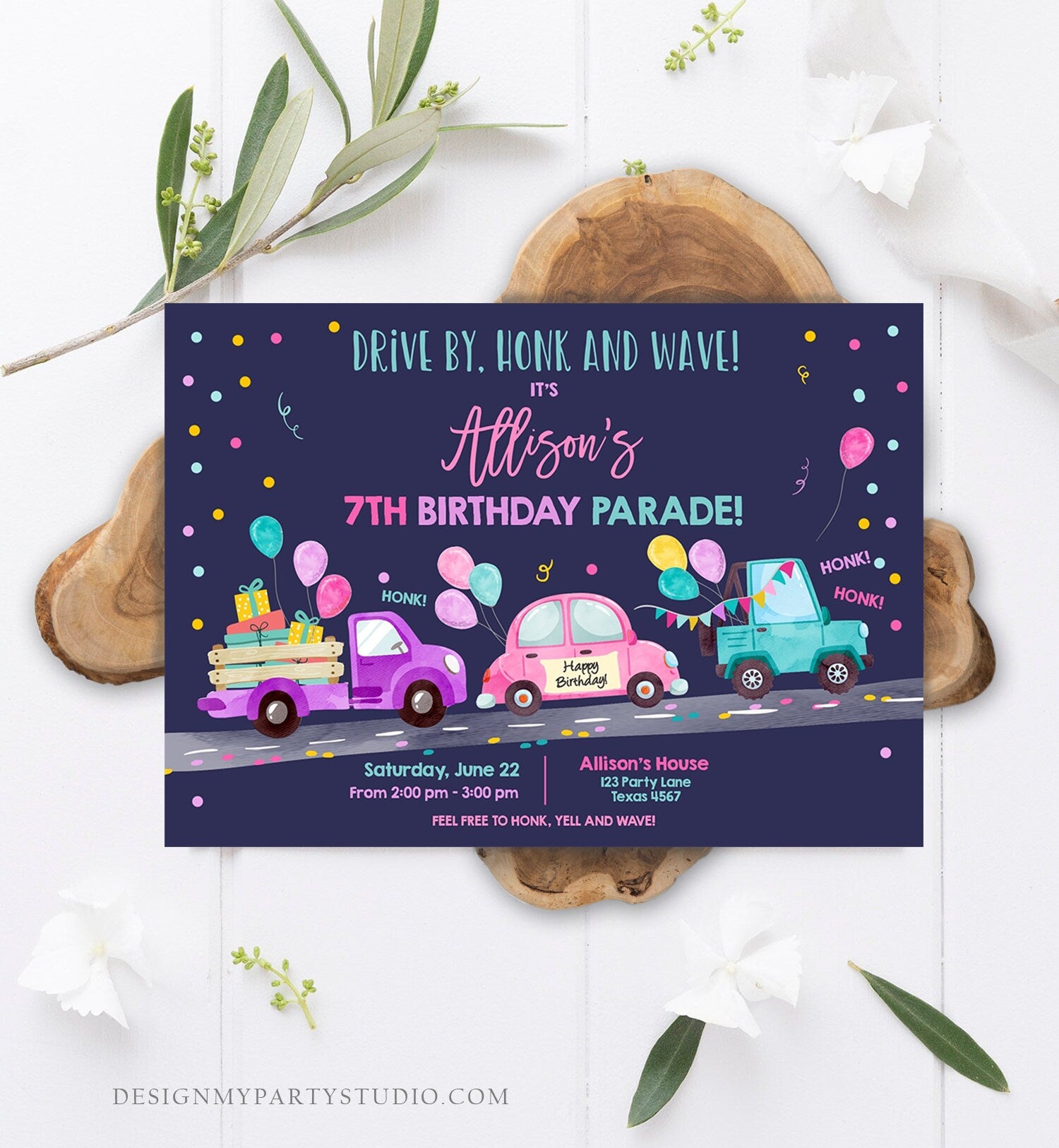 Editable Drive By Birthday Parade Invitation Virtual Party Invite Honk Wave Car Girl Pink Quarantine Instant Download Digital Corjl 0333