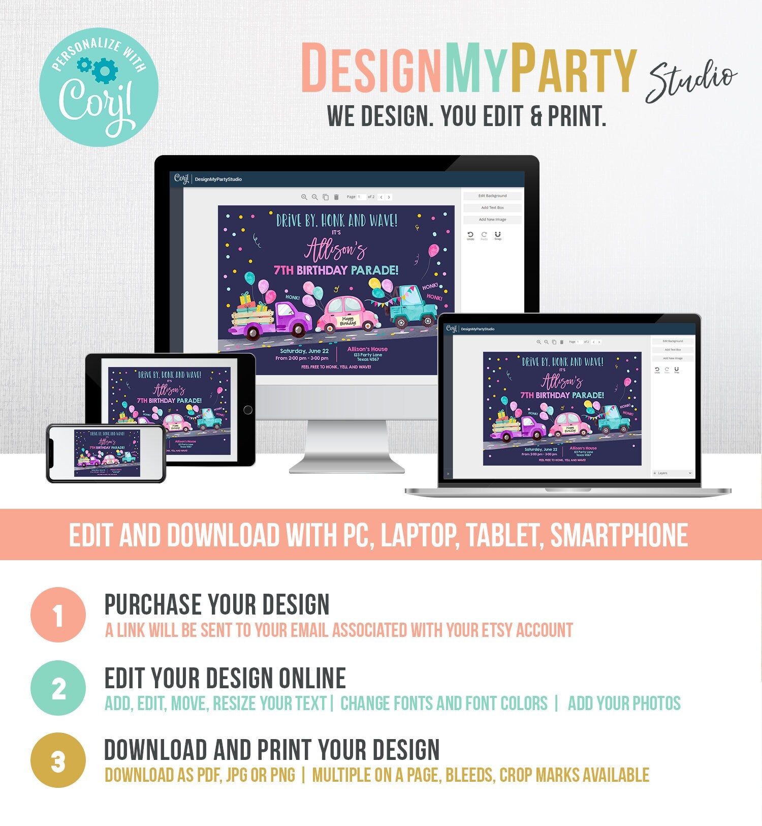 Editable Drive By Birthday Parade Invitation Virtual Party Invite Honk Wave Car Girl Pink Quarantine Instant Download Digital Corjl 0333