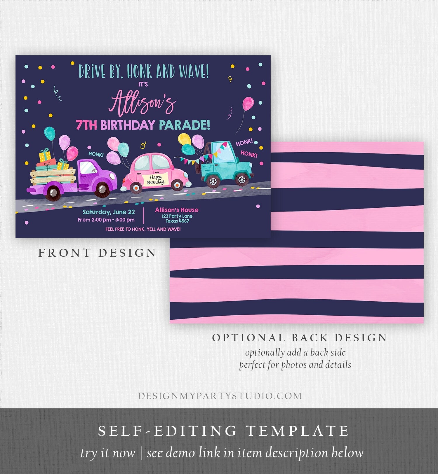 Editable Drive By Birthday Parade Invitation Virtual Party Invite Honk Wave Car Girl Pink Quarantine Instant Download Digital Corjl 0333