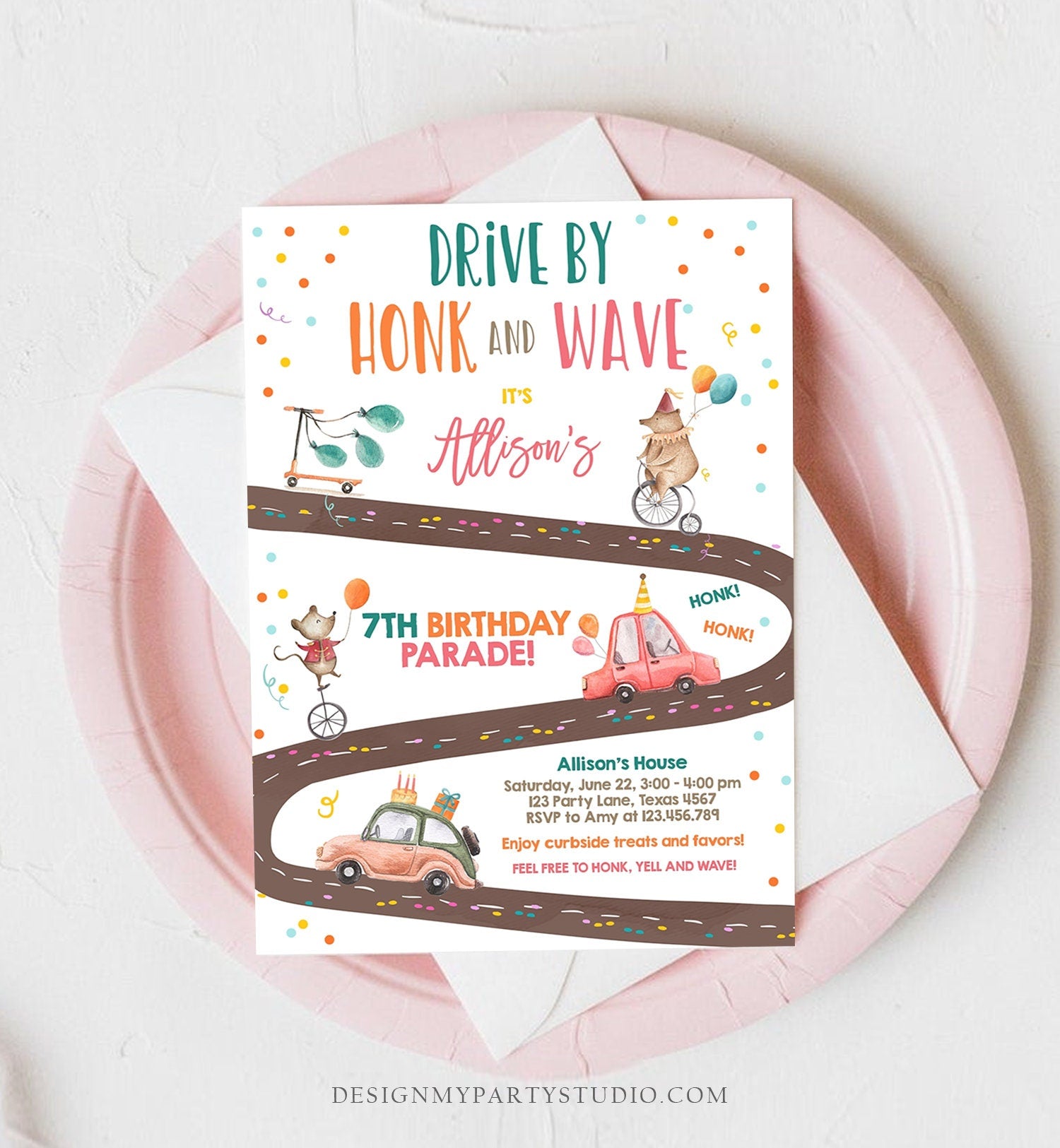 Editable Drive By Birthday Parade Invitation Circus Virtual Party Invite Honk Wave Boy Girl Quarantine Instant Download Digital Corjl 0344