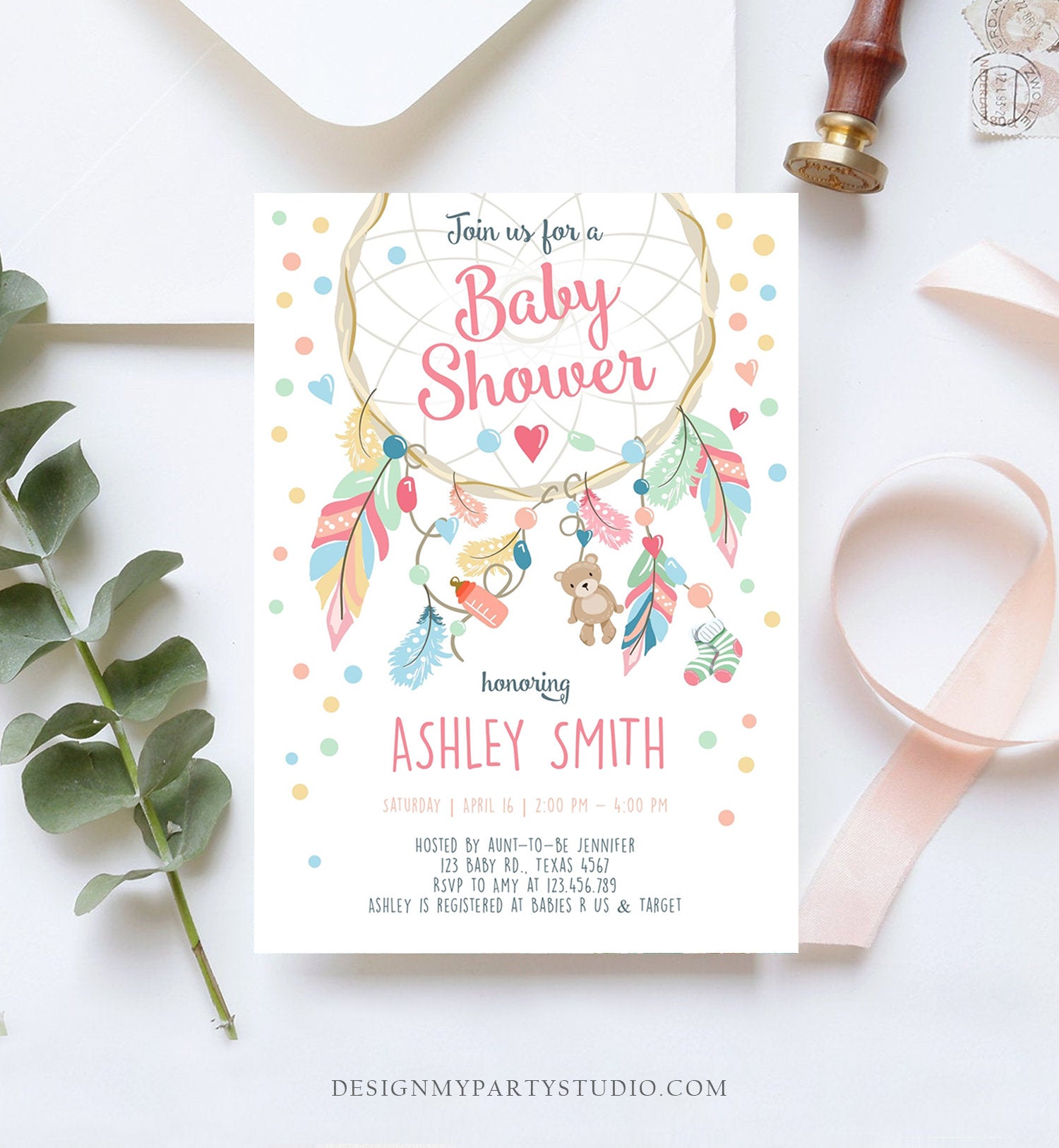 Editable Dreamcatcher Baby Shower Invitation Dream Catcher Feathers Tribal Boho Girl Pink Neutral Download Corjl Template Printable 0062