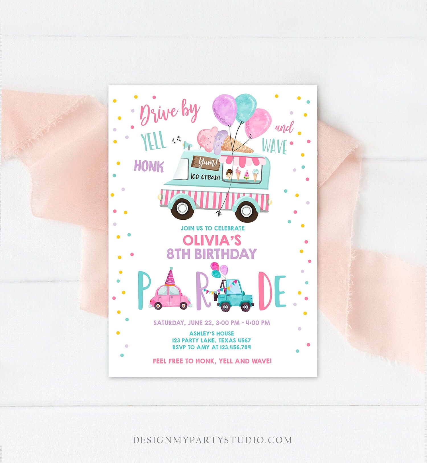 Editable Ice Cream Truck Drive By Birthday Parade Invitation Virtual Party Invite Honk Wave Car Girl Quarantine Download Digital Corjl 0243