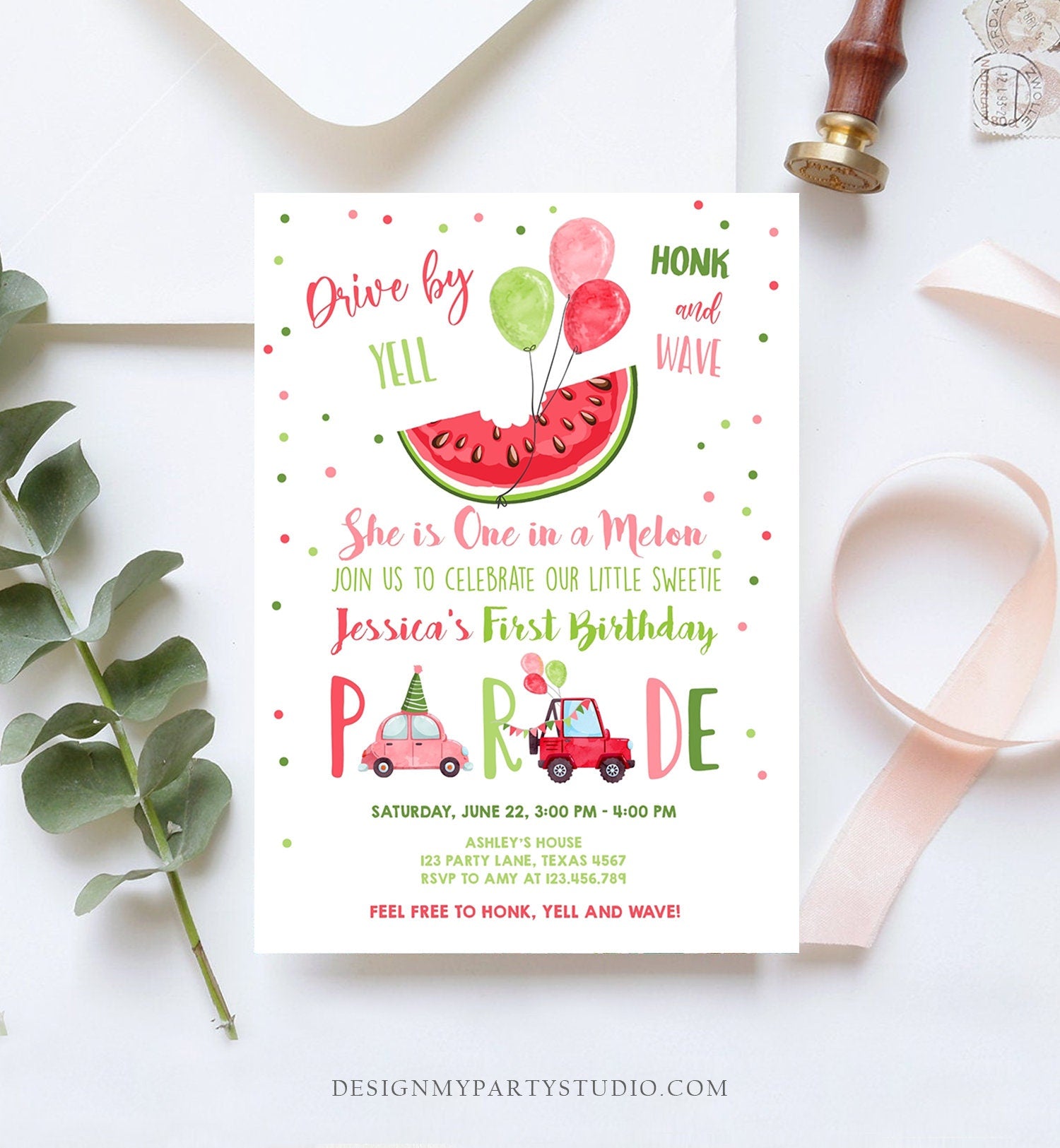 Editable One in a Melon Drive By First Birthday Parade Invitation Virtual Party Invite Honk Wave Girl Quarantine Download Digital Corjl 0120