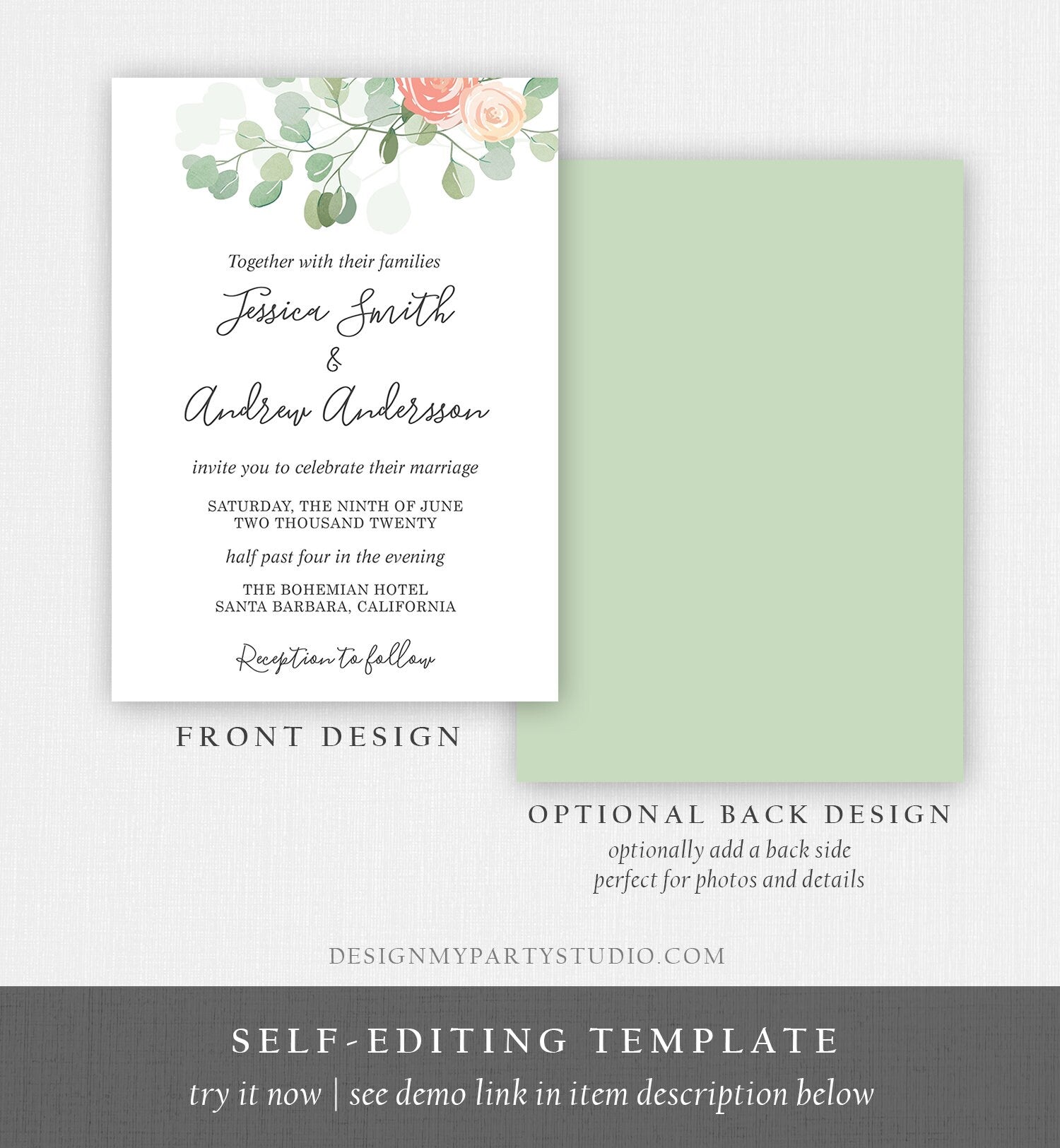 Editable Brunch and Bubbly Bridal Shower Invitation Eucalyptus Greenery Wedding Boho Invite Download Printable Template Digital Corjl 0029