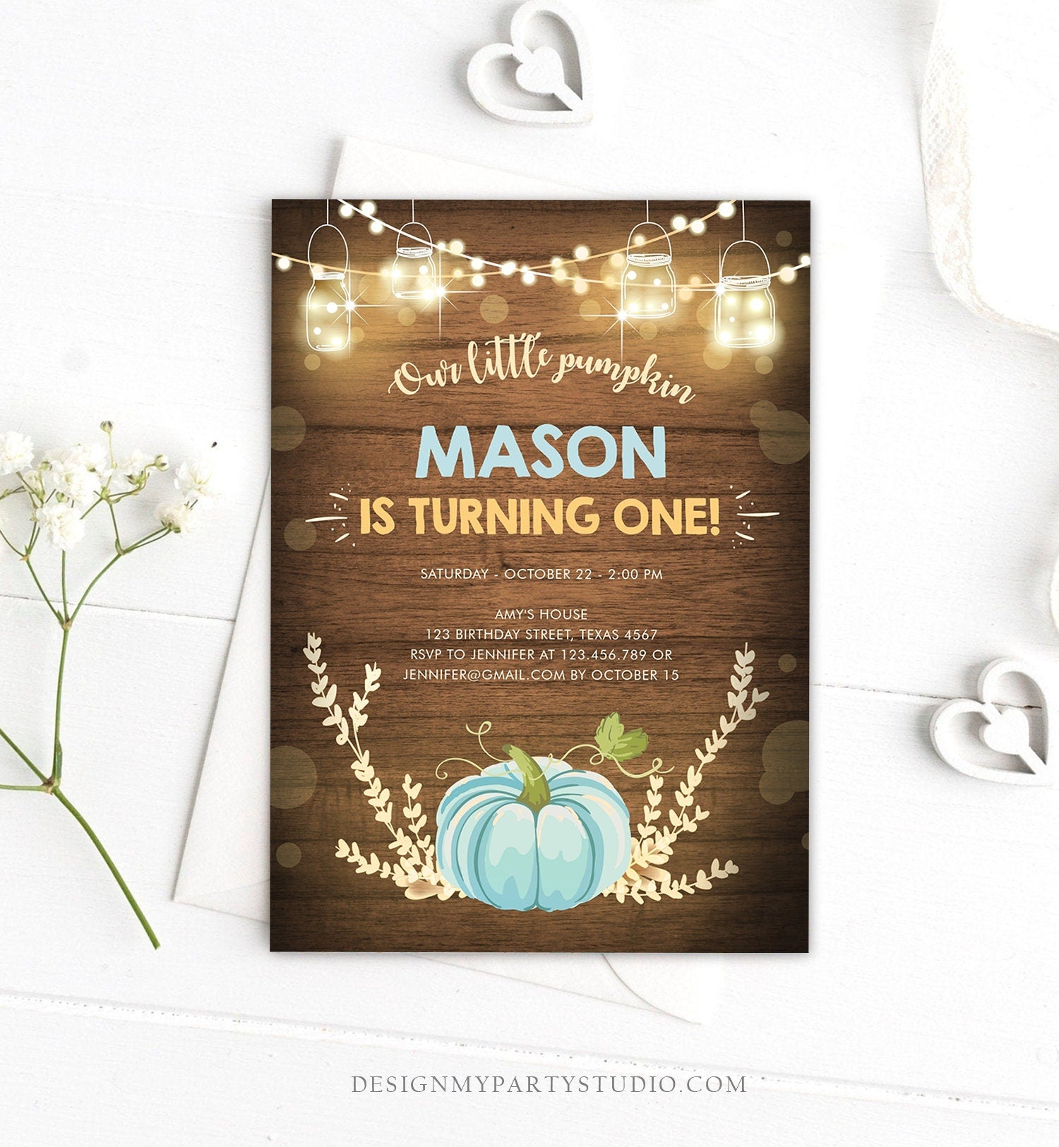 Editable Little Pumpkin Birthday Invitation Blue Pumpkin Patch Autumn Fall Rustic Boy 1st First Birthday Corjl Invitation Printable 0015