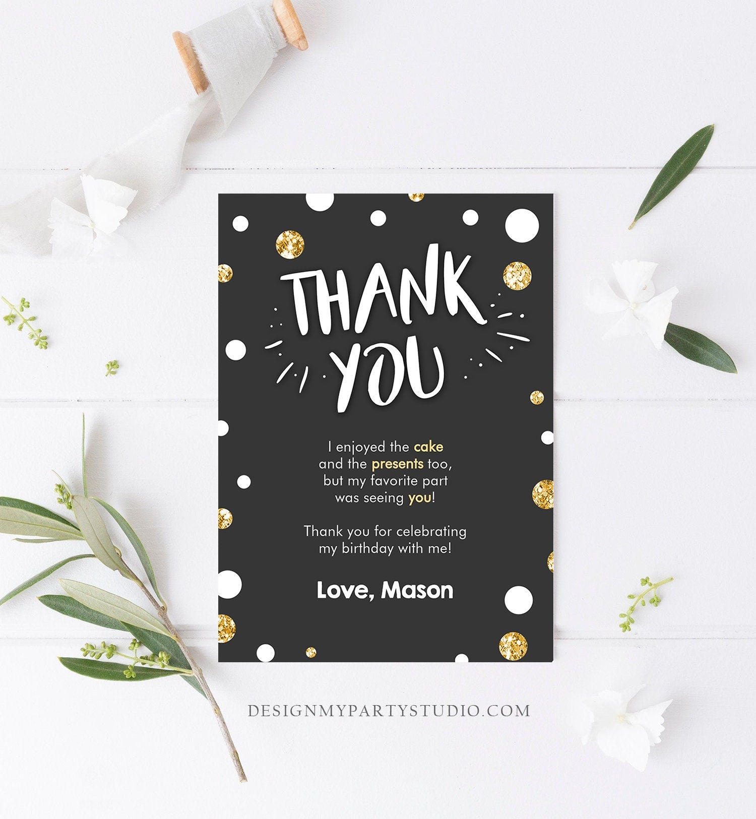 Editable Mr Onederful Thank You Card Black and Gold Boy Birthday Bow Tie Confetti 1st Birthday Printable Template Digital Corjl 0072