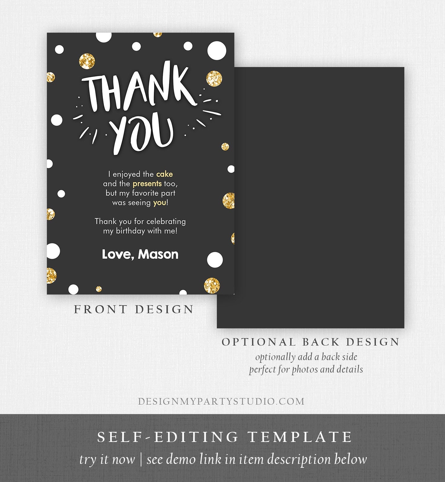 Editable Mr Onederful Thank You Card Black and Gold Boy Birthday Bow Tie Confetti 1st Birthday Printable Template Digital Corjl 0072
