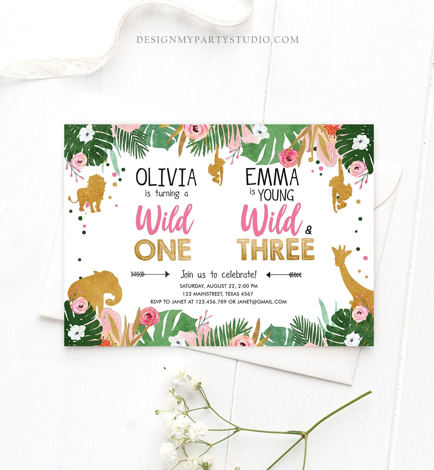 Editable Wild One Birthday Invitation Wild and Three Sisters Safari Animals Jungle Girls Joint Dual Siblings Printable Corjl Template 0016
