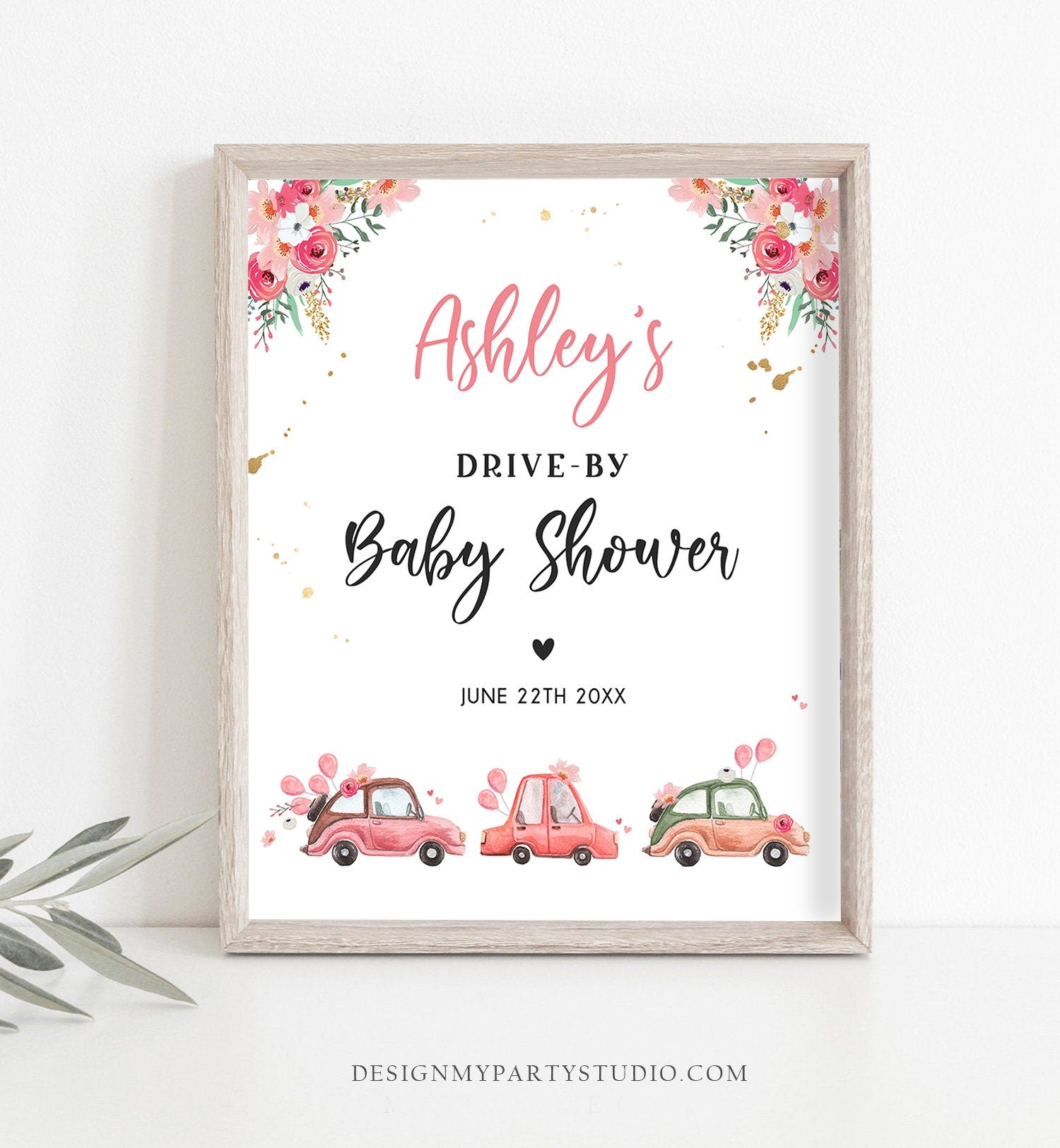 Editable Drive By Baby Shower Sign Welcome Pink Gold Floral Girl Couples Quarantine Party Drive Through Parade Yard Sign Corjl Template 0335