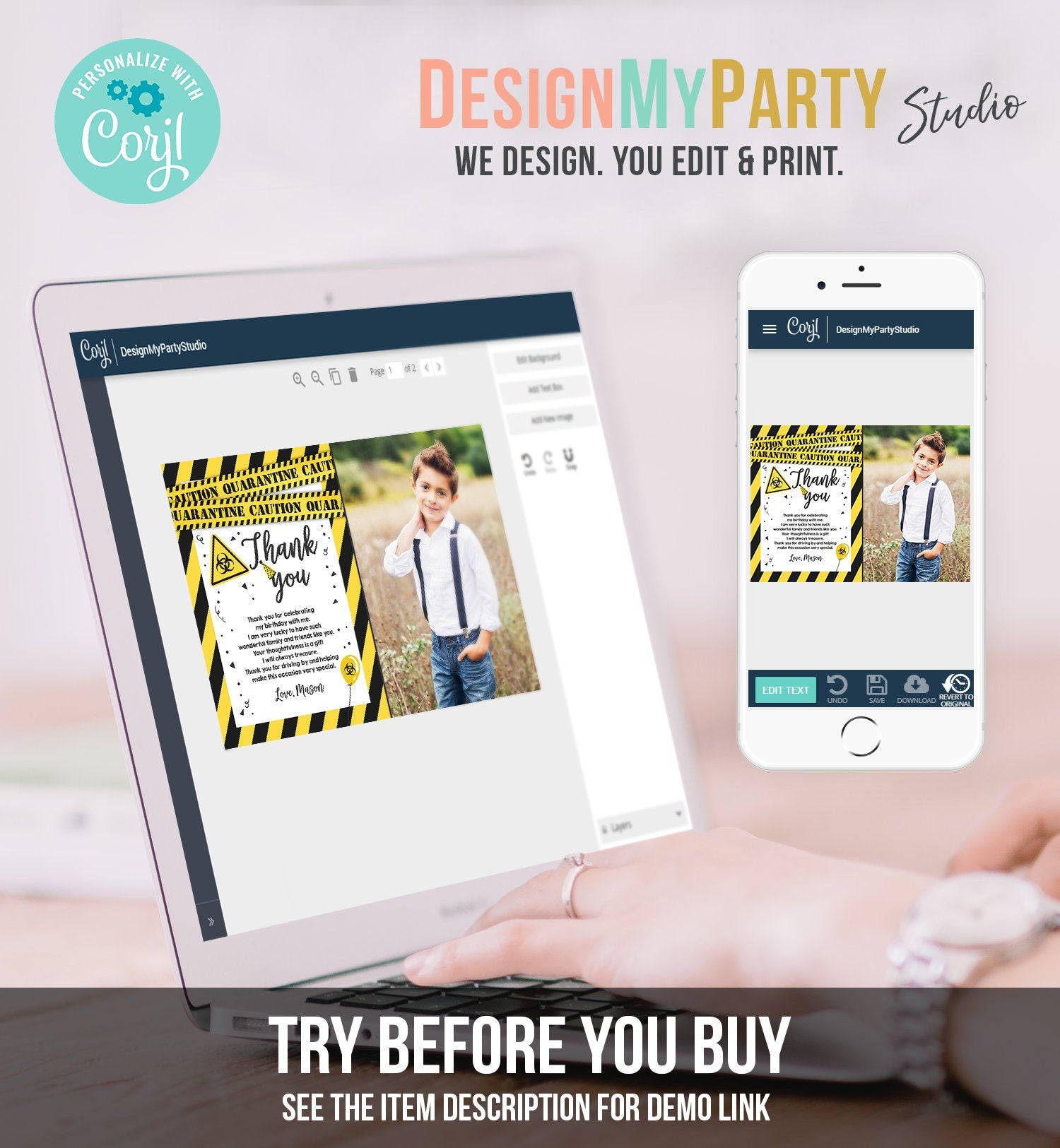 Editable Quarantine Birthday Thank You Card Virtual Party Drive By Thank You Yellow White Caution Instant Download Digital Corjl 0334