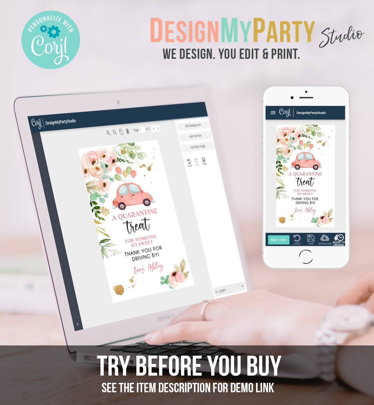 Editable Drive By Favor Tag Drive Through Baby Shower Bridal Shower Birthday Thank You Gift Tags Quarantine Coral Floral Girl Corjl 0346