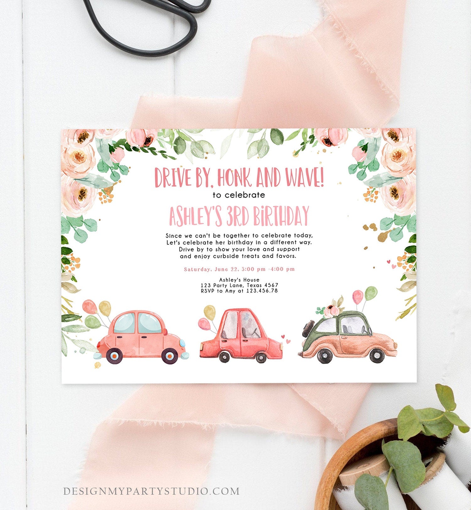 Editable Drive By Birthday Parade Invitation Virtual Party Invite Honk Wave Car Girl Pink Quarantine Instant Download Digital Corjl 0346
