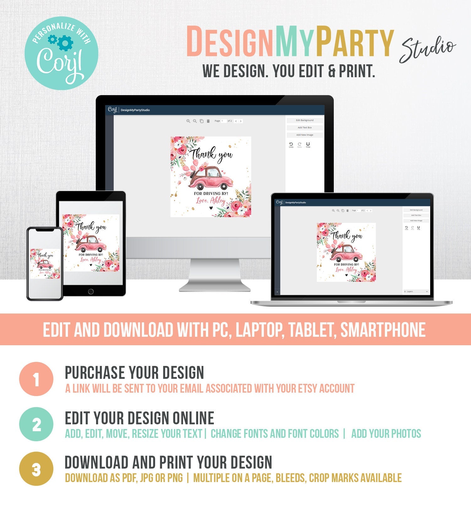 Editable Drive By Favor Tag Thank You Driving By Baby Shower Birthday Parade Gift Tags Quarantine Pink Floral Car Girl Corjl Template 0335