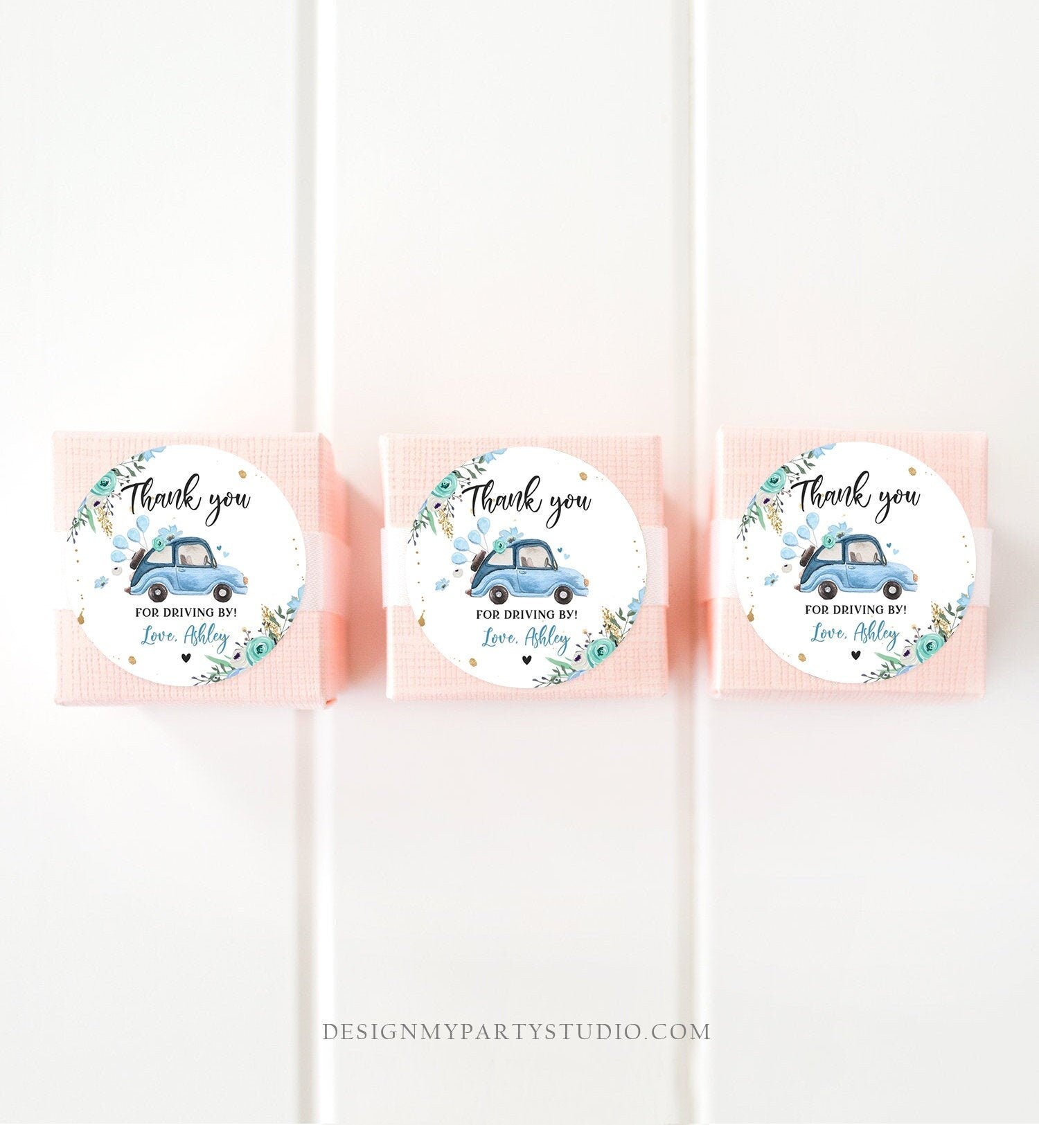 Editable Drive By Favor Tag Thank You Driving By Baby Shower Birthday Parade Gift Tags Quarantine Blue Floral Car Girl Corjl Template 0335