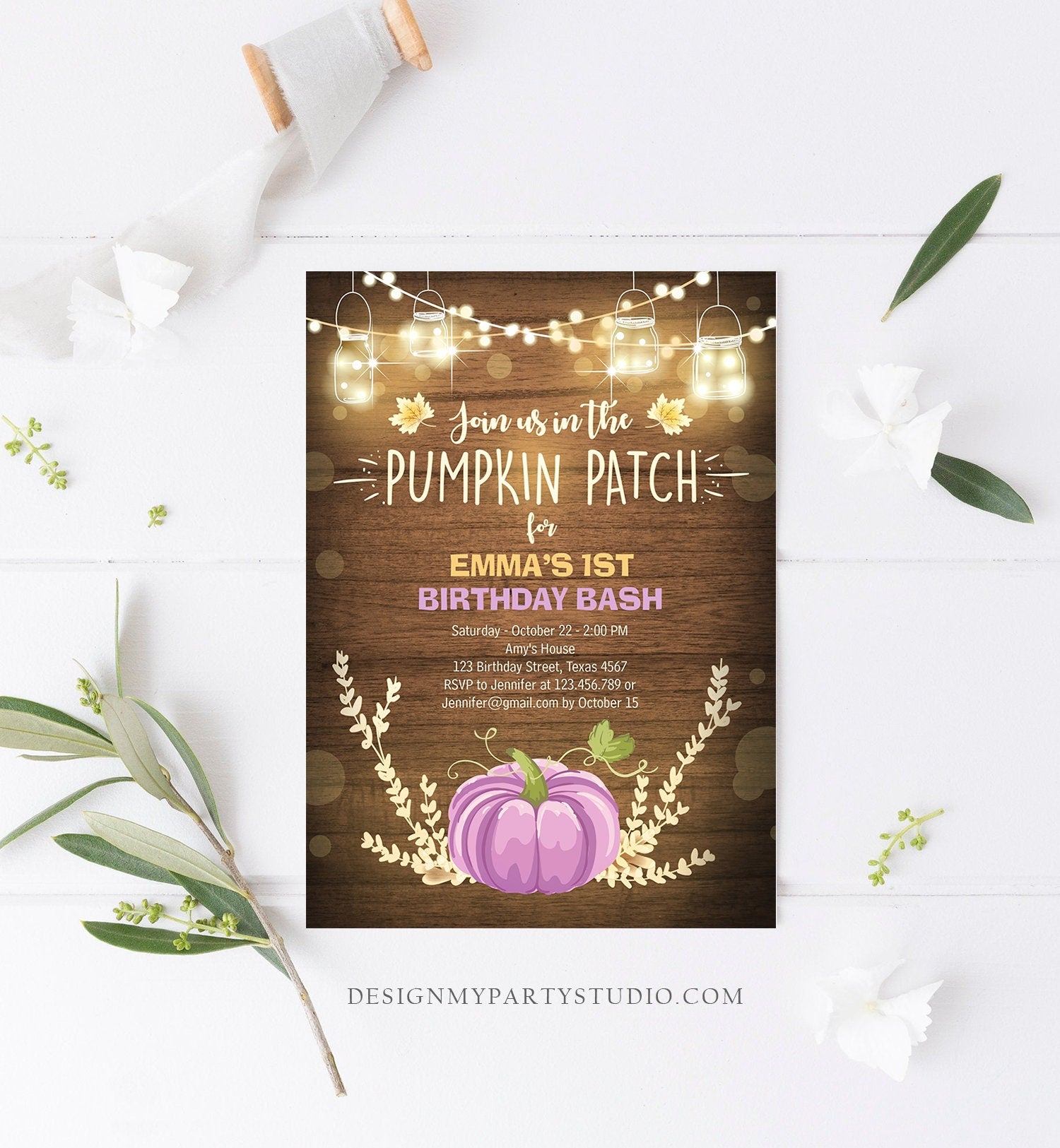 Editable Little Pumpkin Birthday Invitation Purple Pumpkin Patch Autumn Fall Rustic Girl 1st First Birthday Corjl Invitation Printable 0015