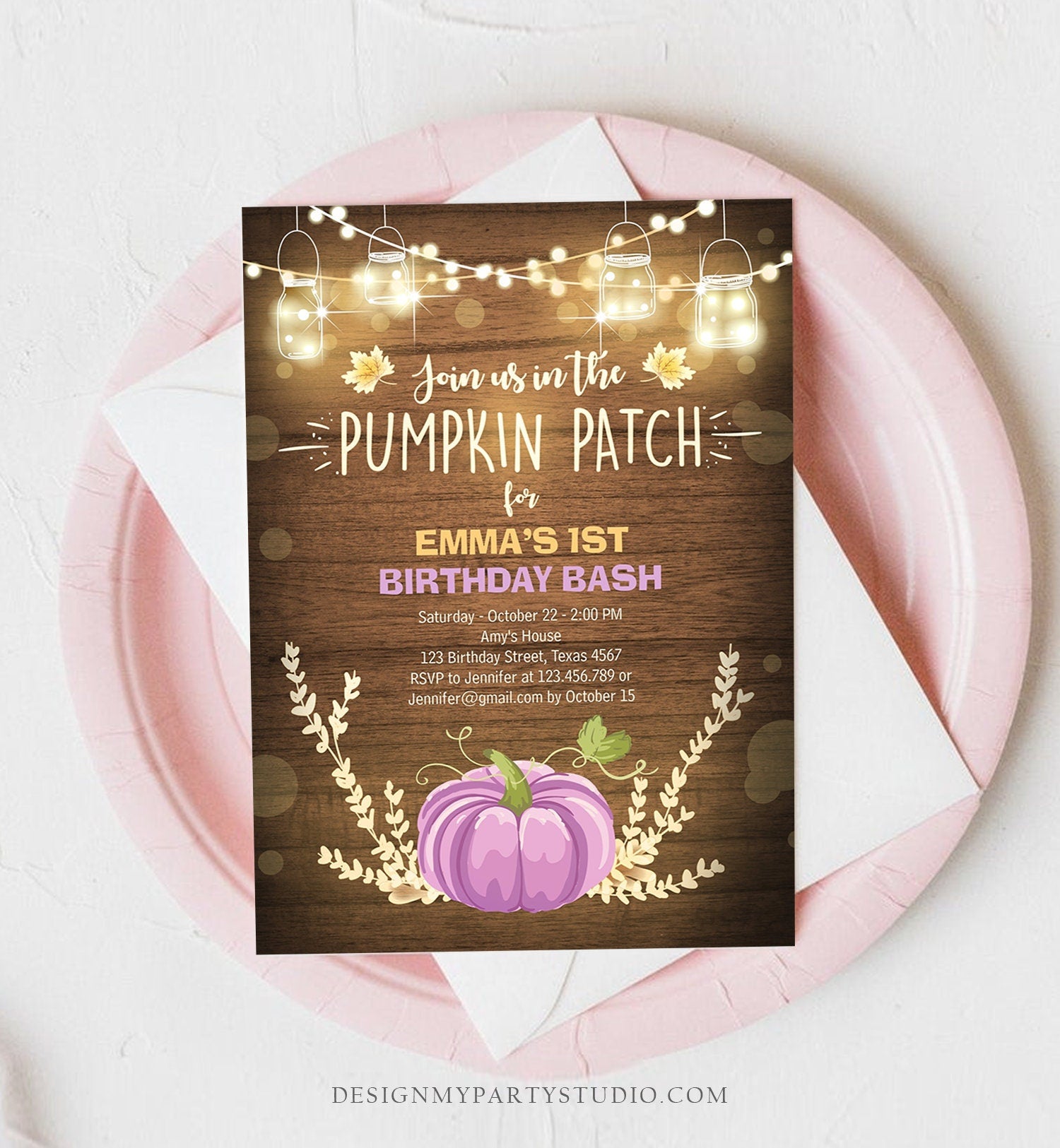 Editable Little Pumpkin Birthday Invitation Purple Pumpkin Patch Autumn Fall Rustic Girl 1st First Birthday Corjl Invitation Printable 0015