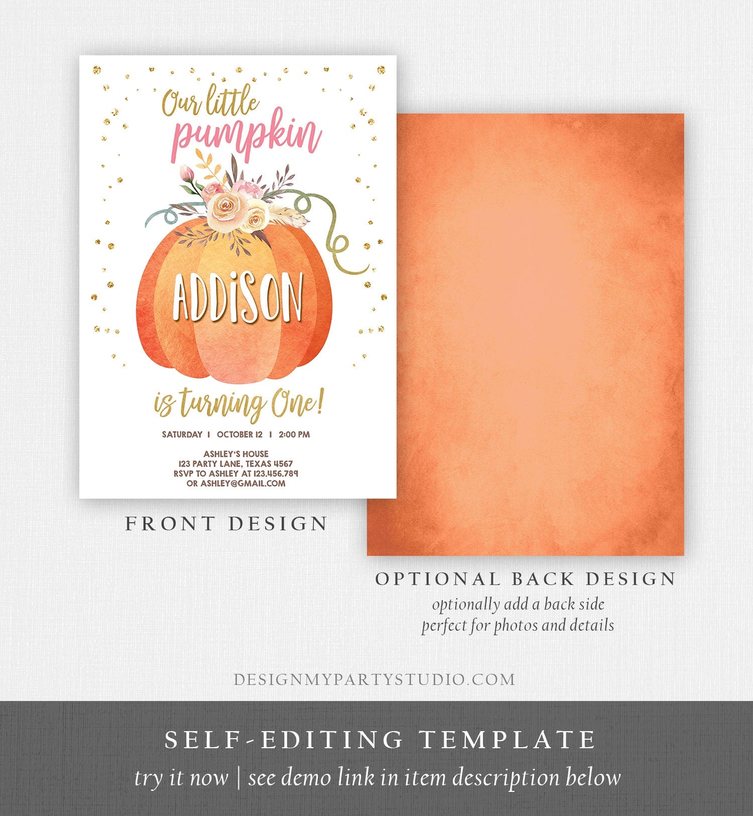Editable Our Little Pumpkin Birthday Invitation Girl Pink Fall Autumn 1st Birthday Gold Confetti Download Corjl Template Printable 0194
