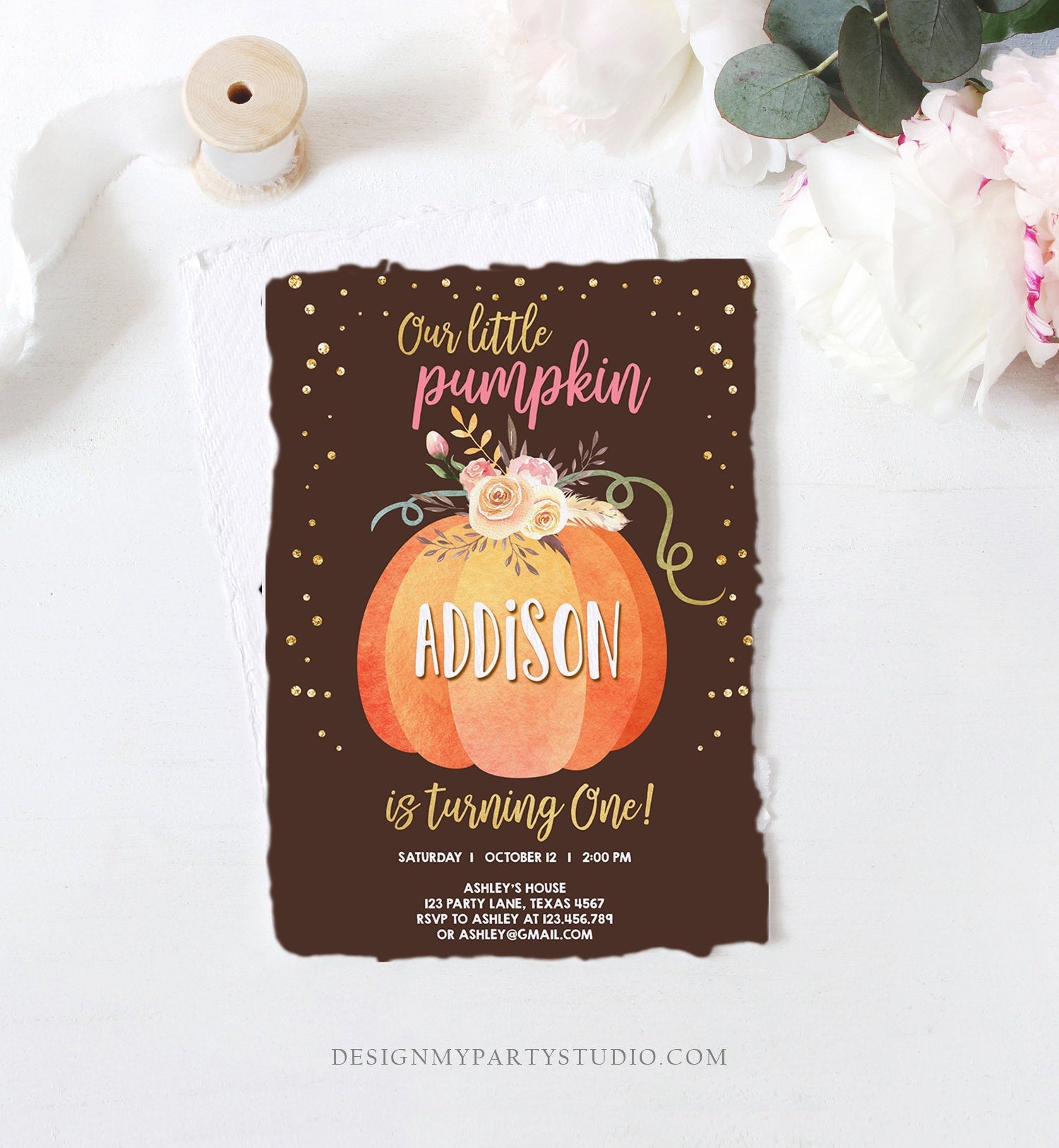 Editable Our Little Pumpkin Birthday Invitation Girl Pink Fall Autumn 1st Birthday Gold Confetti Download Corjl Template Printable 0194