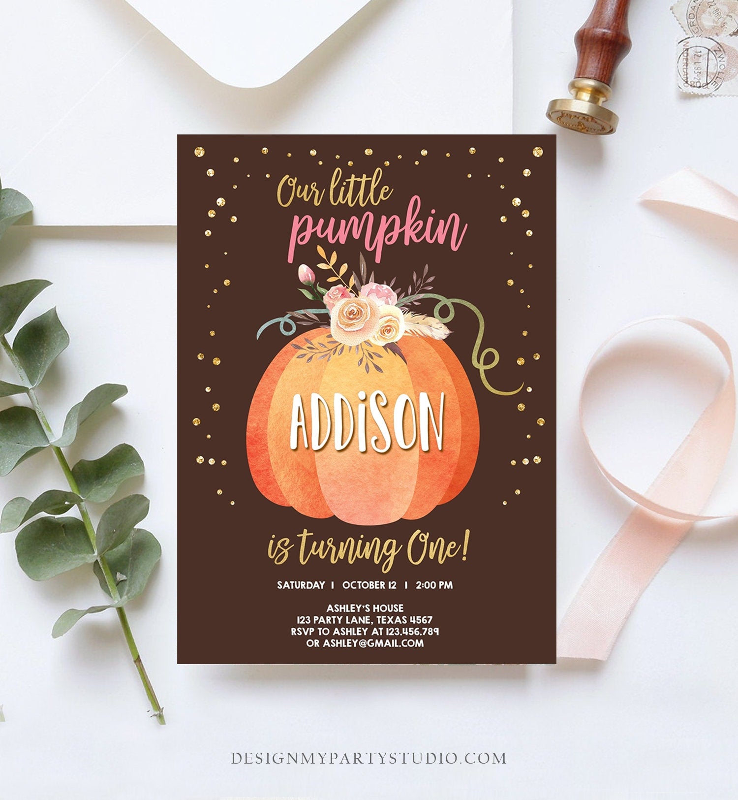 Editable Our Little Pumpkin Birthday Invitation Girl Pink Fall Autumn 1st Birthday Gold Confetti Download Corjl Template Printable 0194