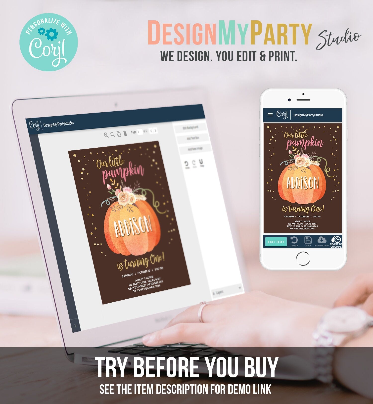 Editable Our Little Pumpkin Birthday Invitation Girl Pink Fall Autumn 1st Birthday Gold Confetti Download Corjl Template Printable 0194