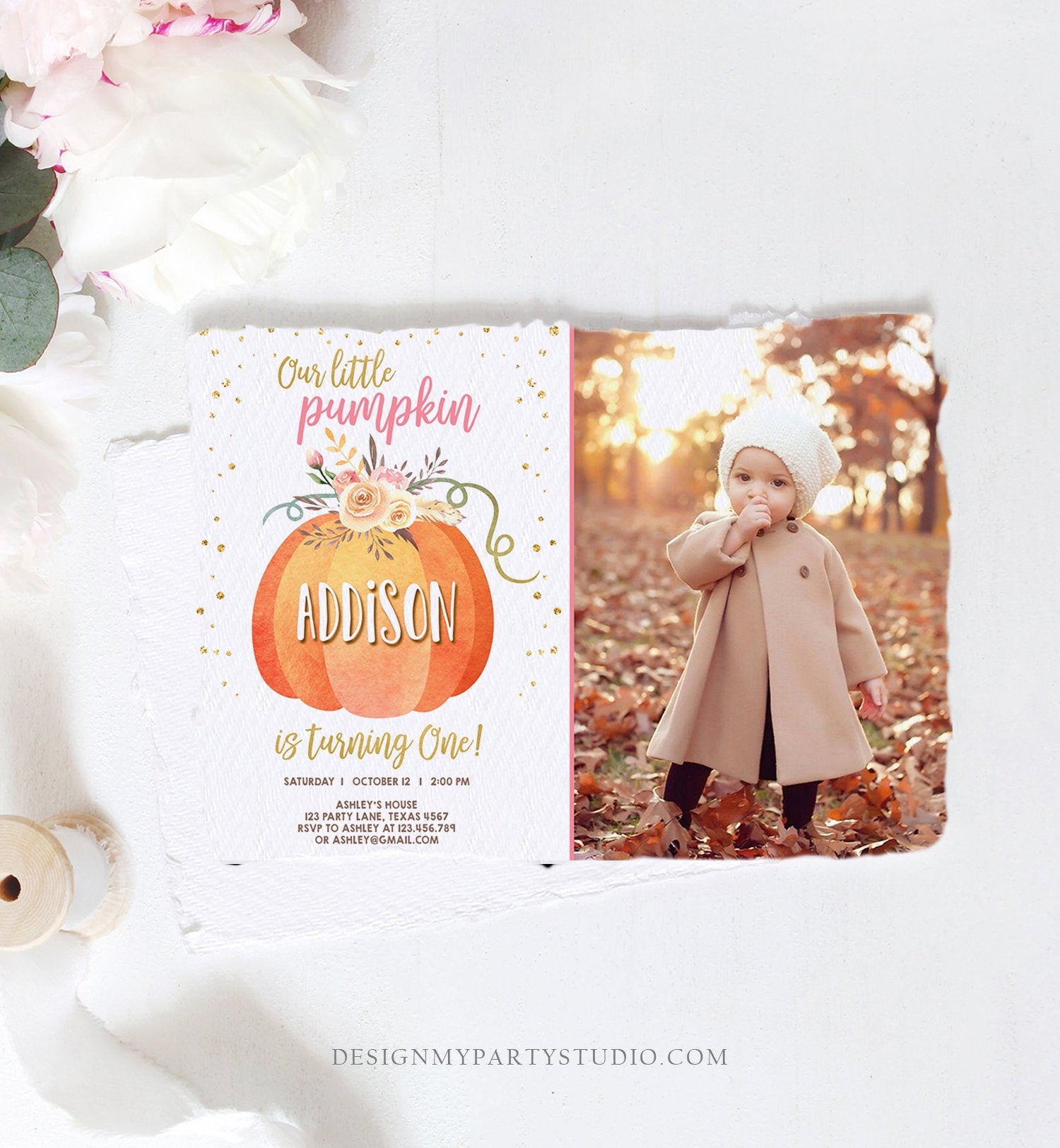 Editable Our Little Pumpkin Birthday Invitation Girl Pink Fall Autumn 1st Birthday Gold Confetti Download Corjl Template Printable 0194