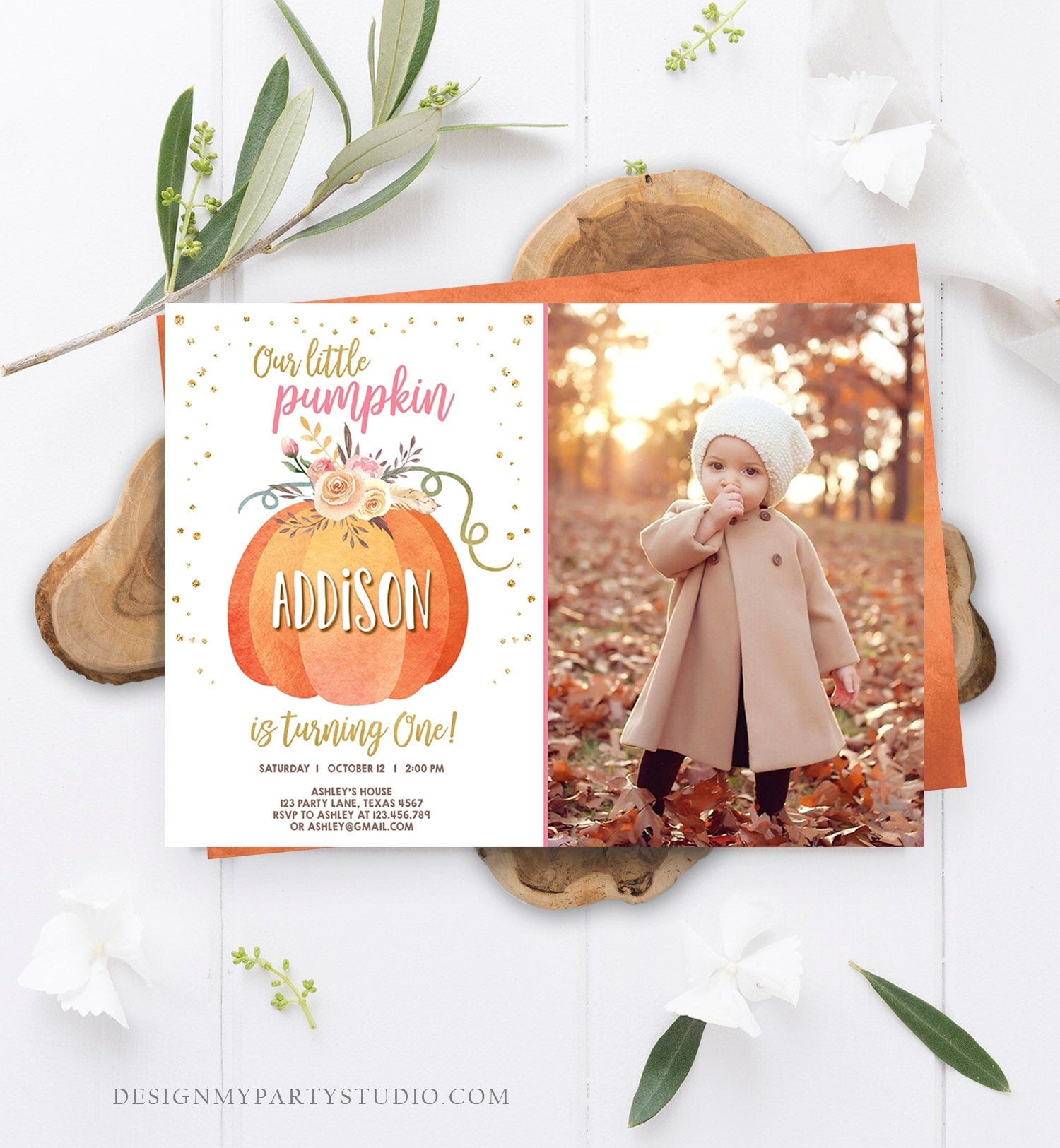 Editable Our Little Pumpkin Birthday Invitation Girl Pink Fall Autumn 1st Birthday Gold Confetti Download Corjl Template Printable 0194