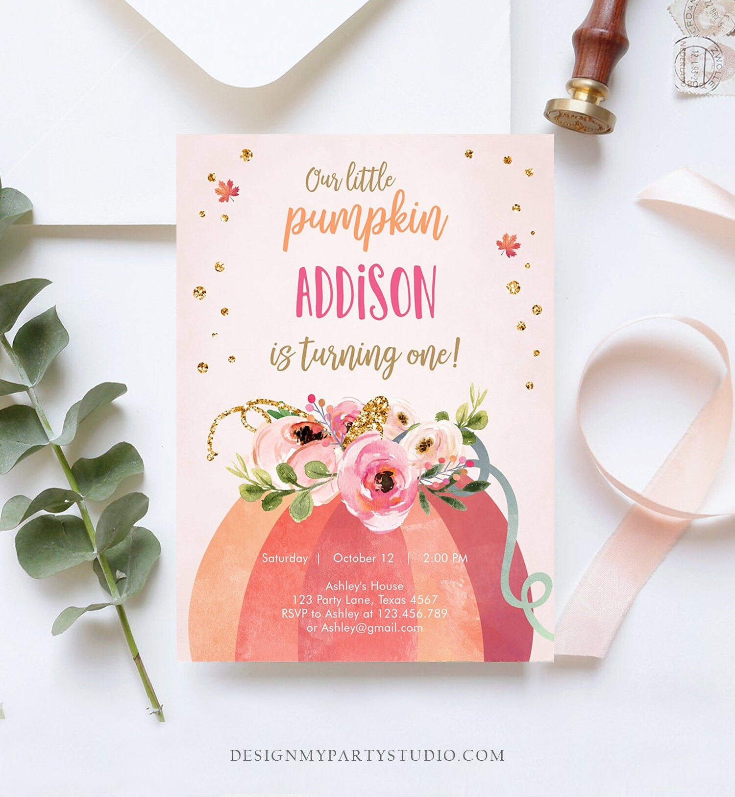 Editable Our Little Pumpkin Birthday Invitation Girl Pink Fall Autumn First Birthday 1st Pink Gold Download Corjl Template Printable 0198